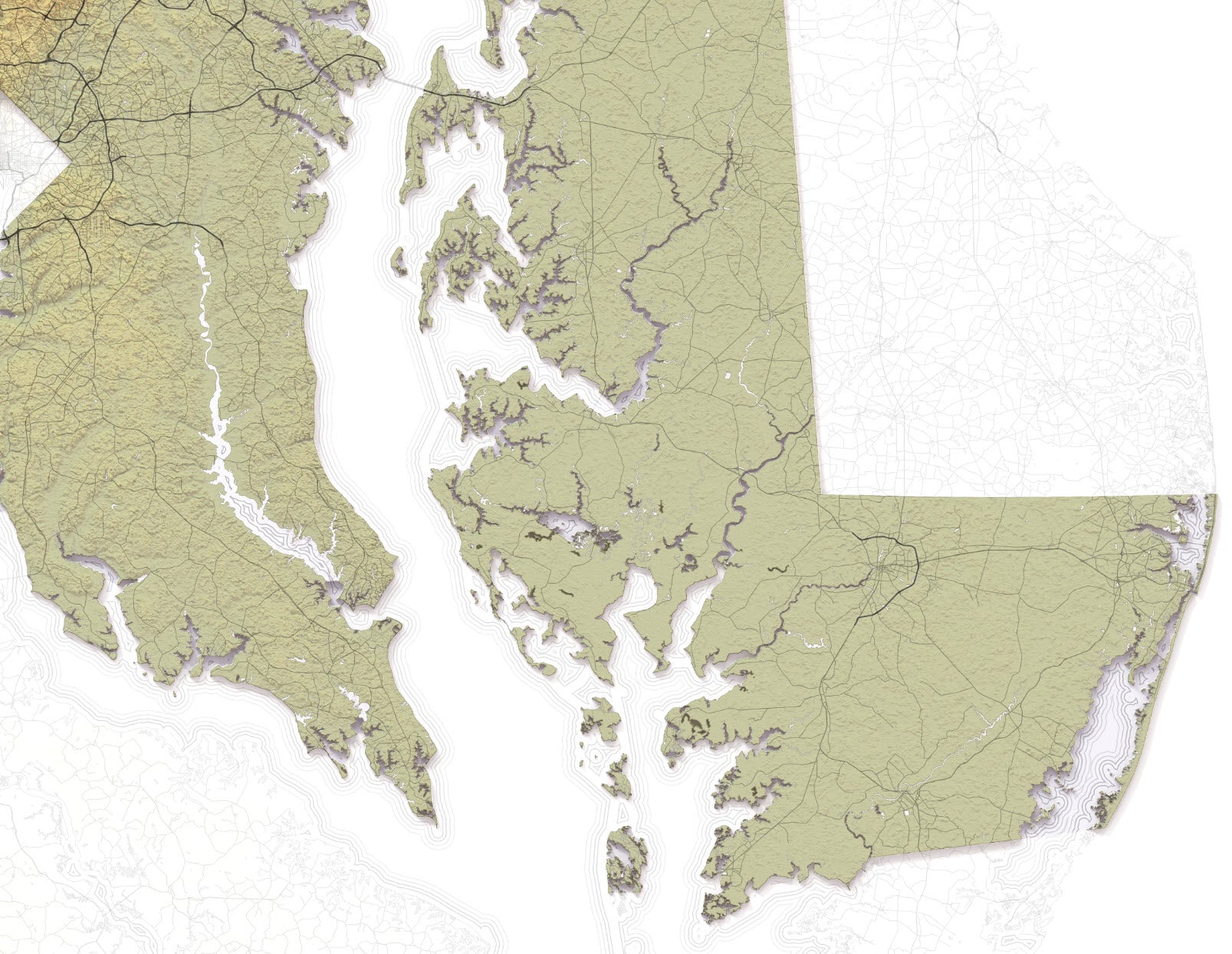 Detailed maryland coastline topography map
