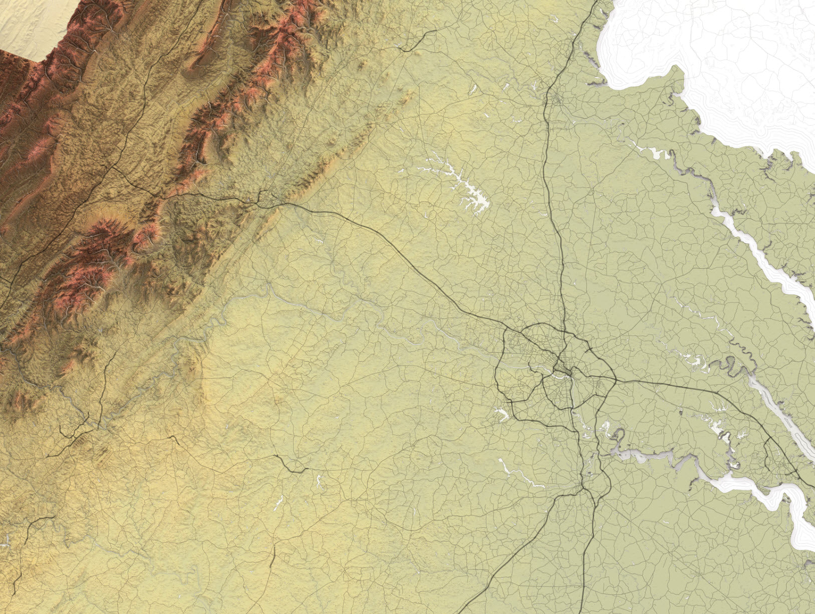 Detailed virginia topography map with roads