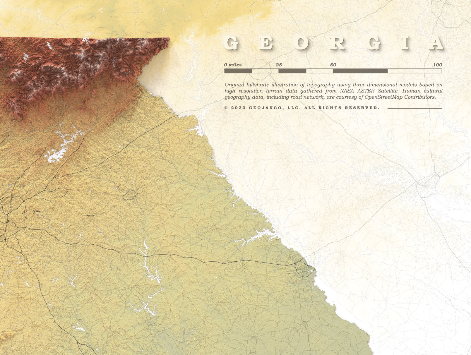 Georgia topography map with scale