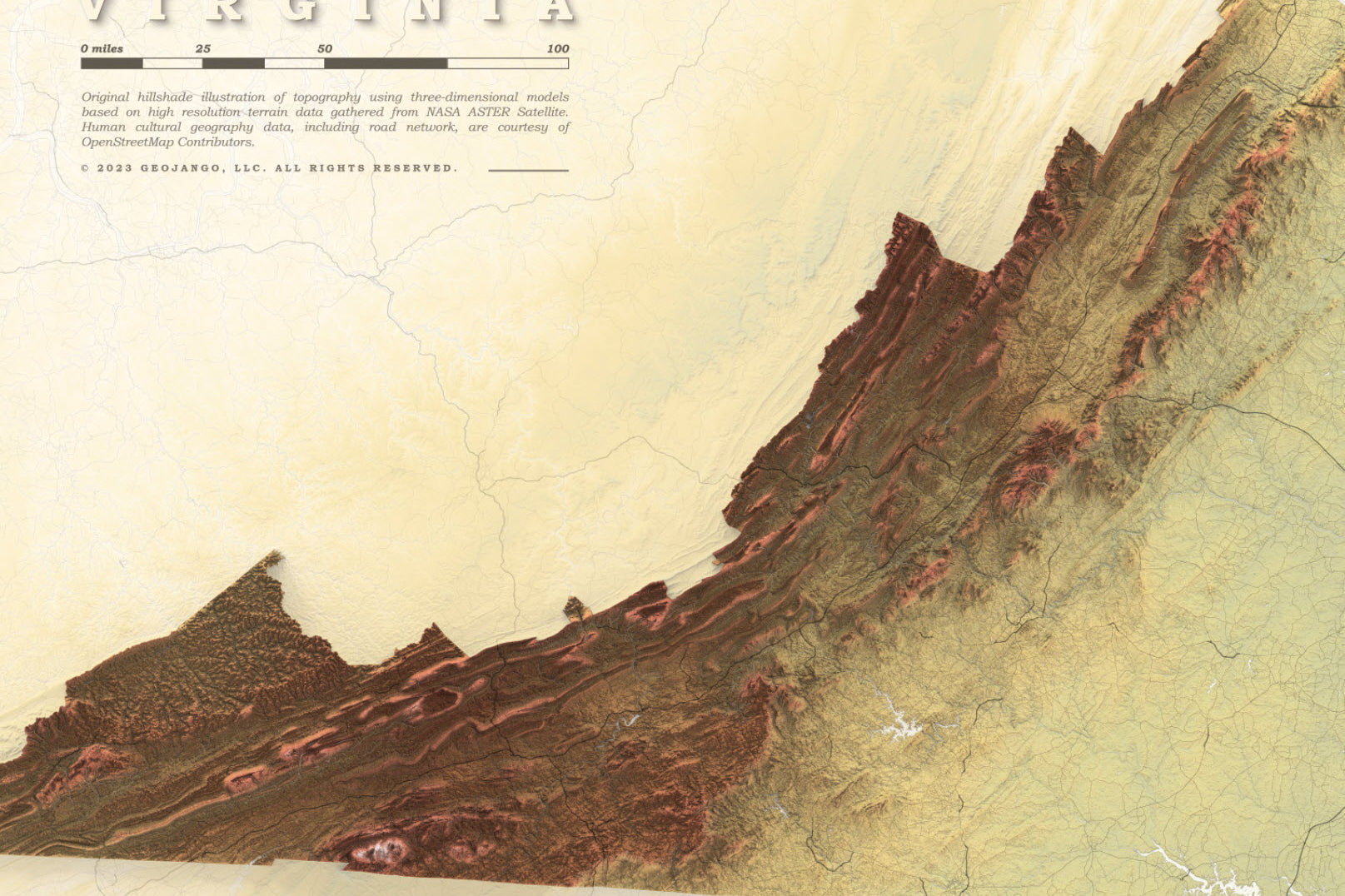 detailed virginia map with mountains