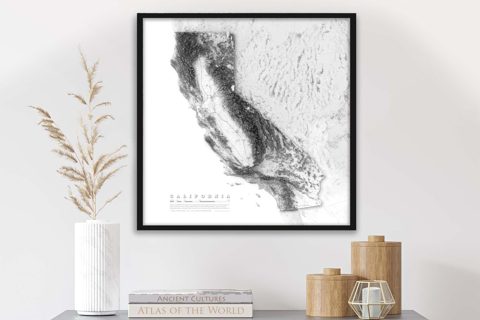 framed greyscale elevation map of california fine aft