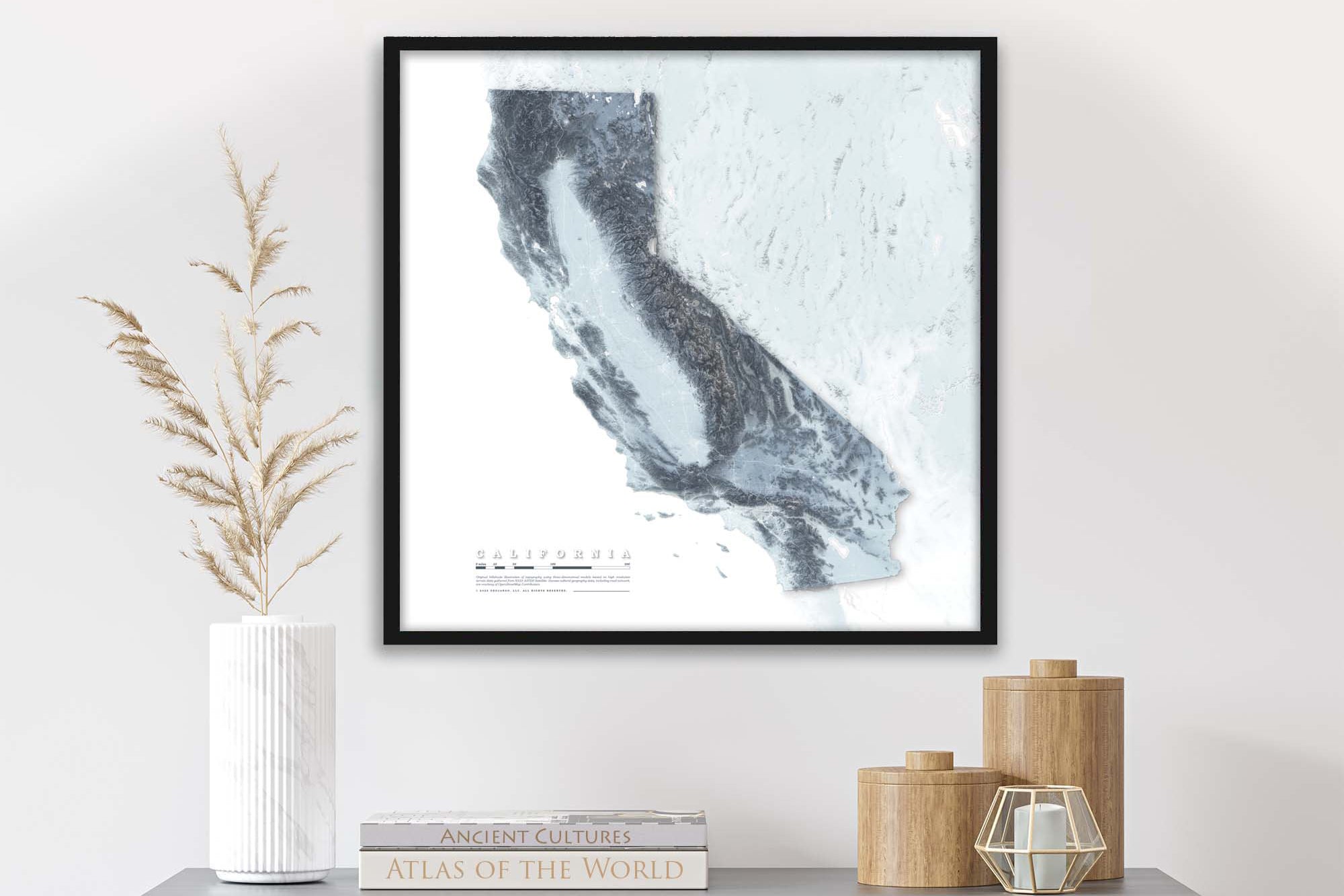 blue elevation map of the state of california