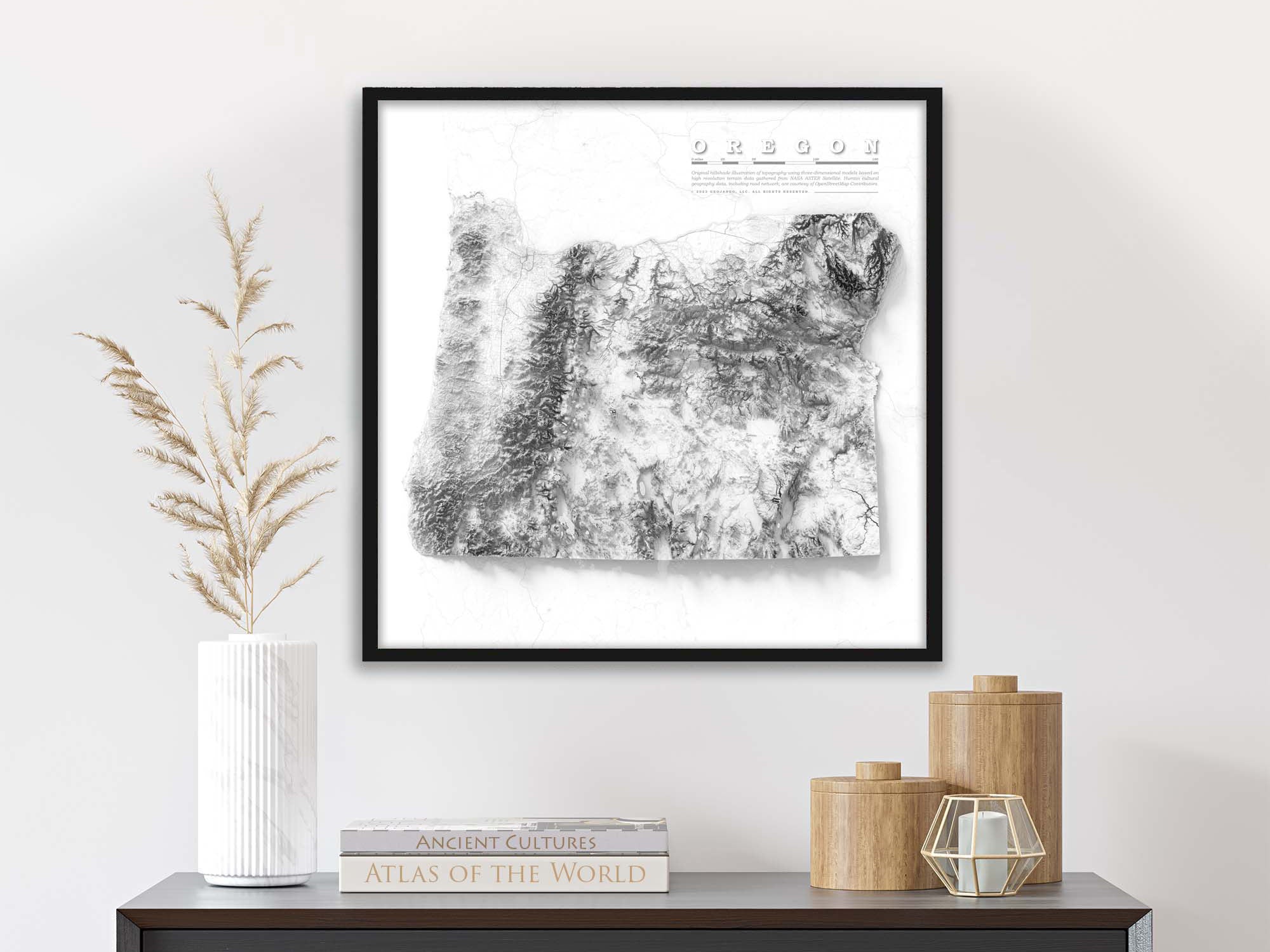 framed topographical map of the state of oregon