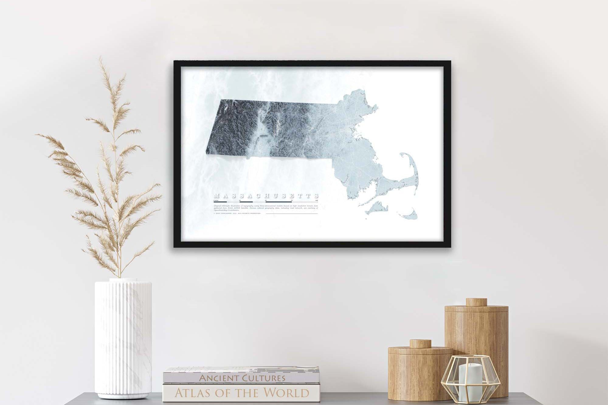 framed elevation map of massachusetts