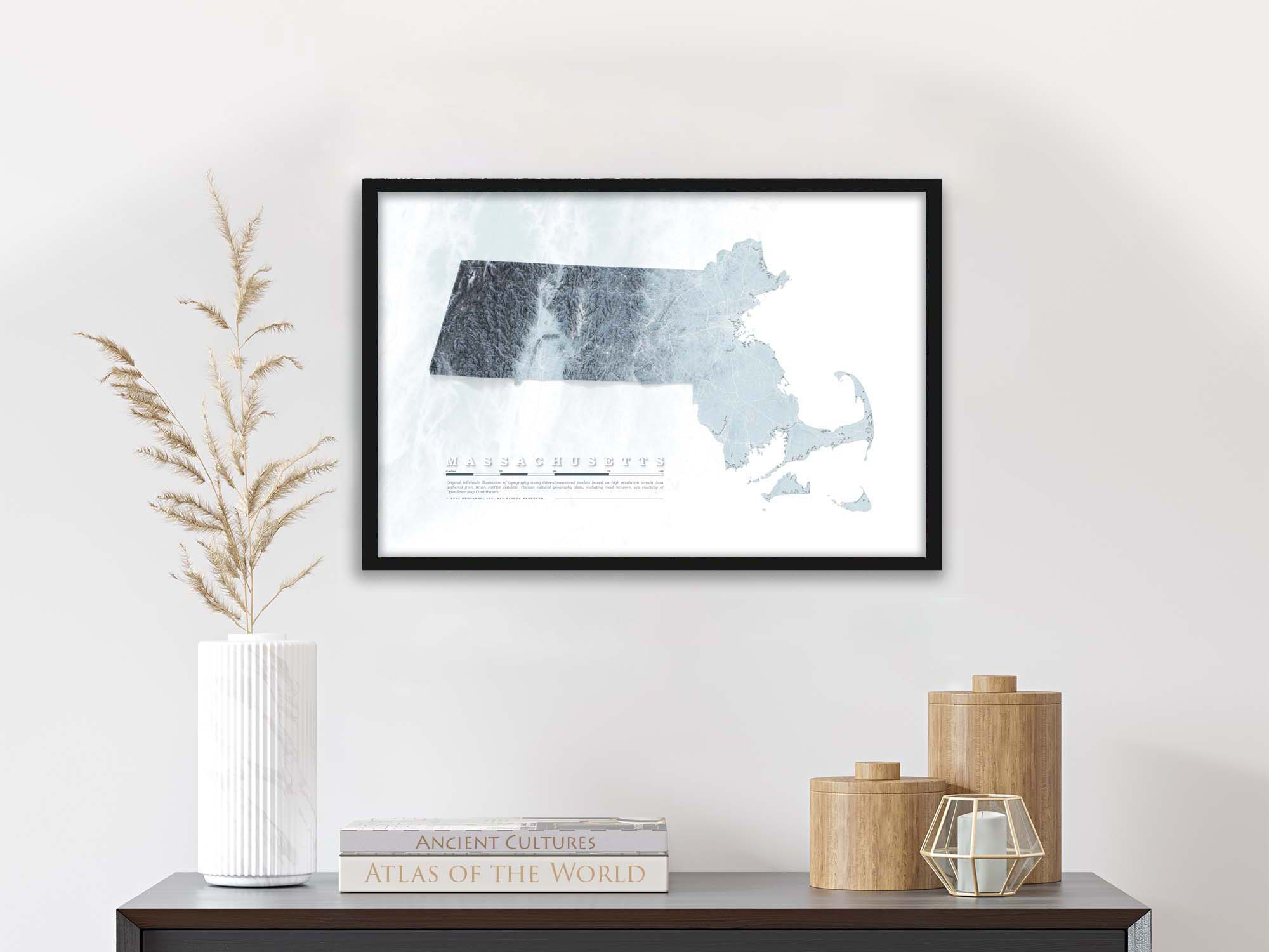 framed elevation map of massachusetts