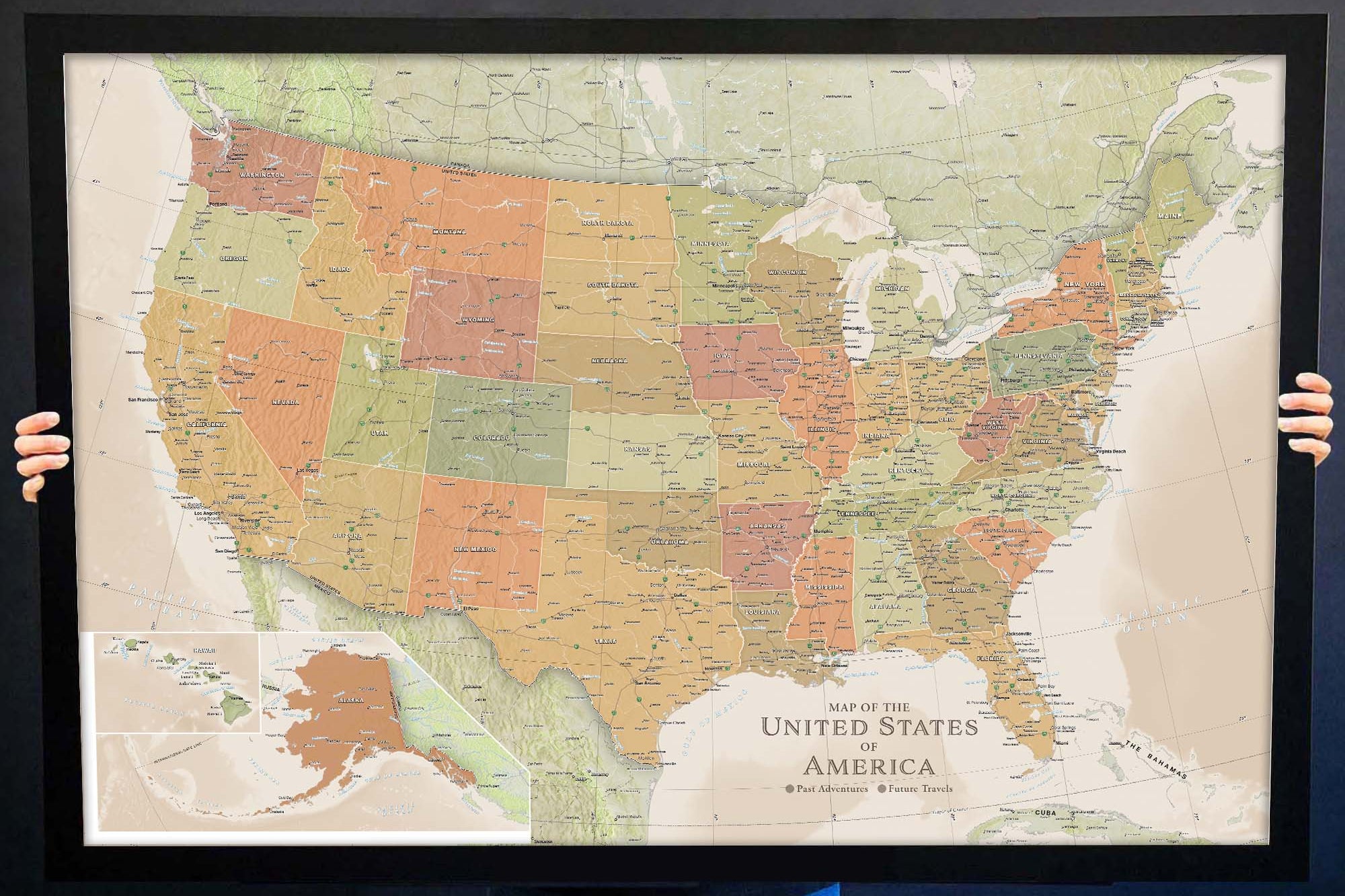 Framed USA Map Greens Browns