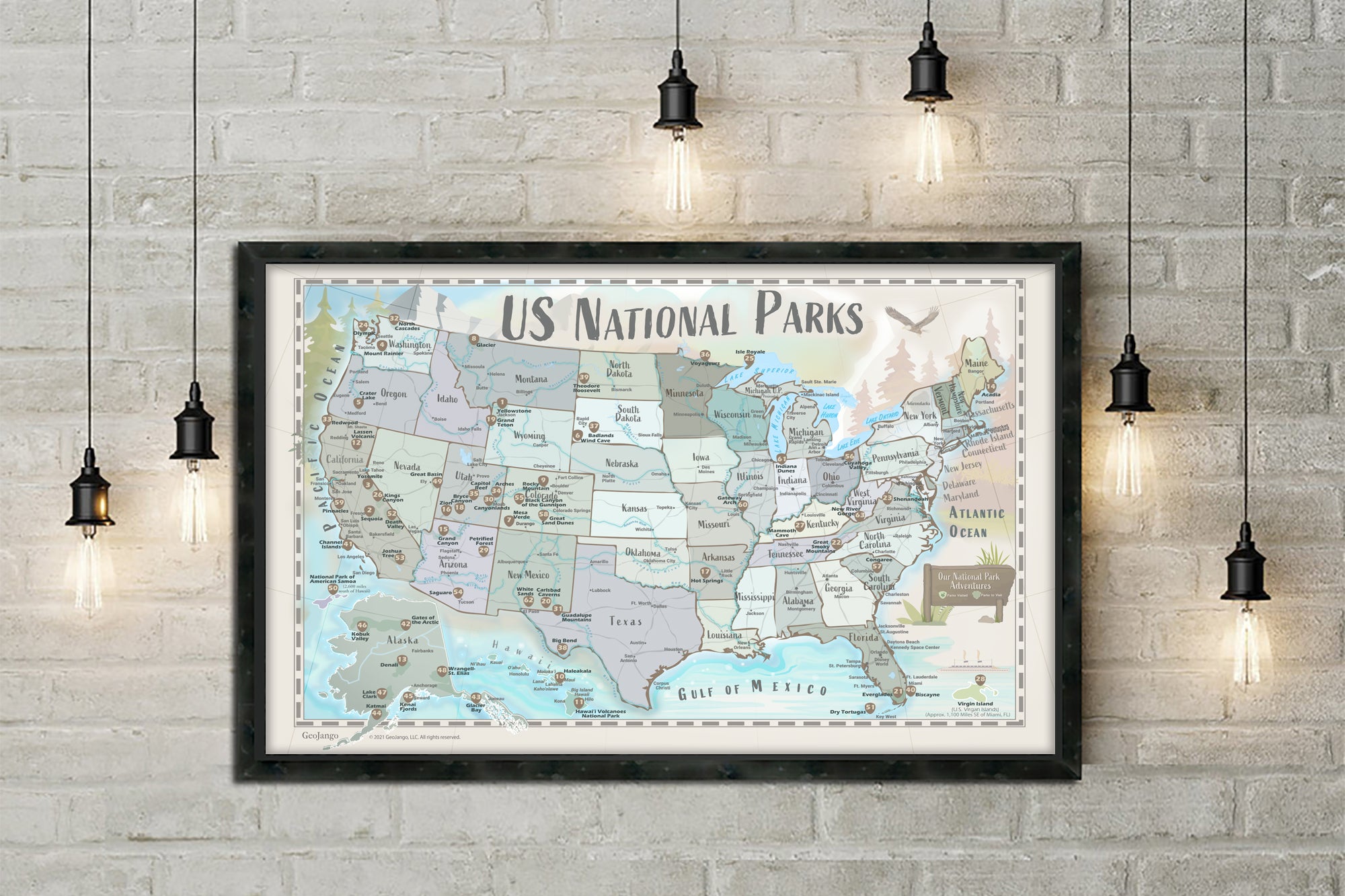 framed national park map for wall