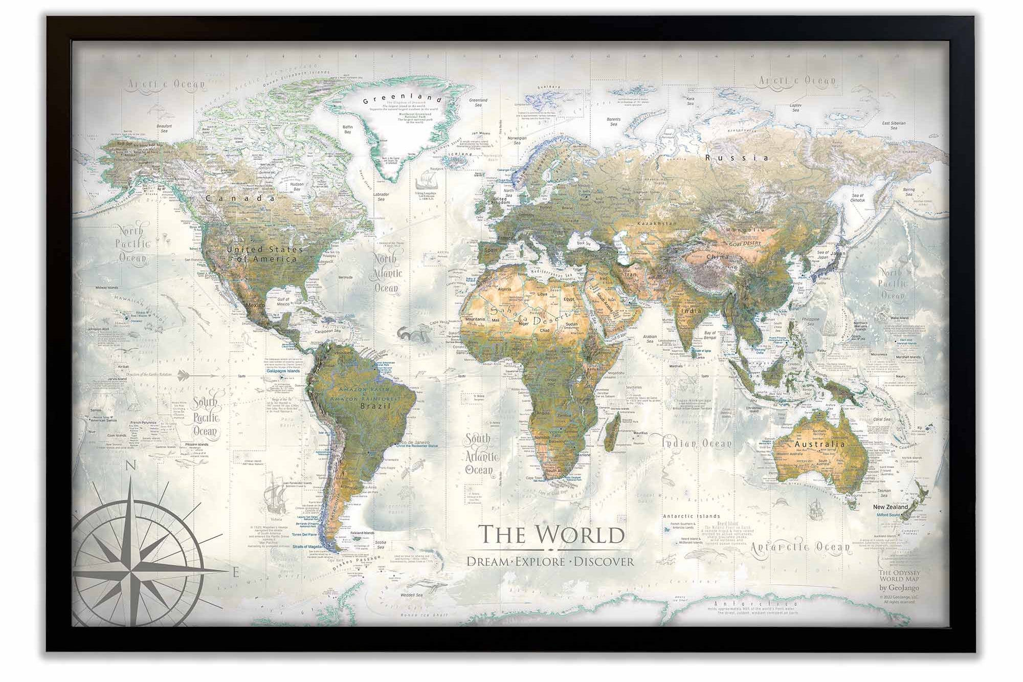 framed world map with pins