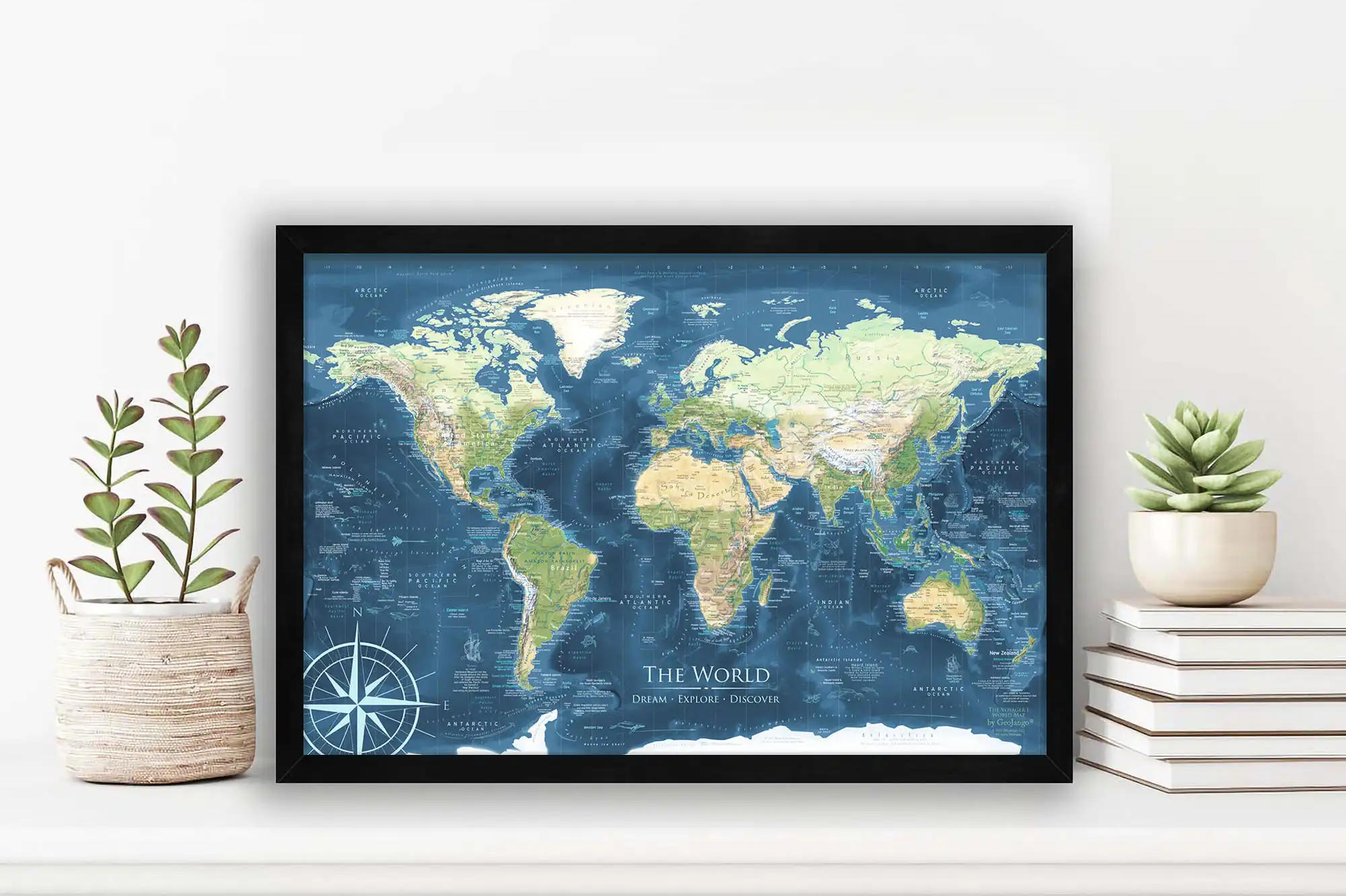 small world pushpin map with blue oceans