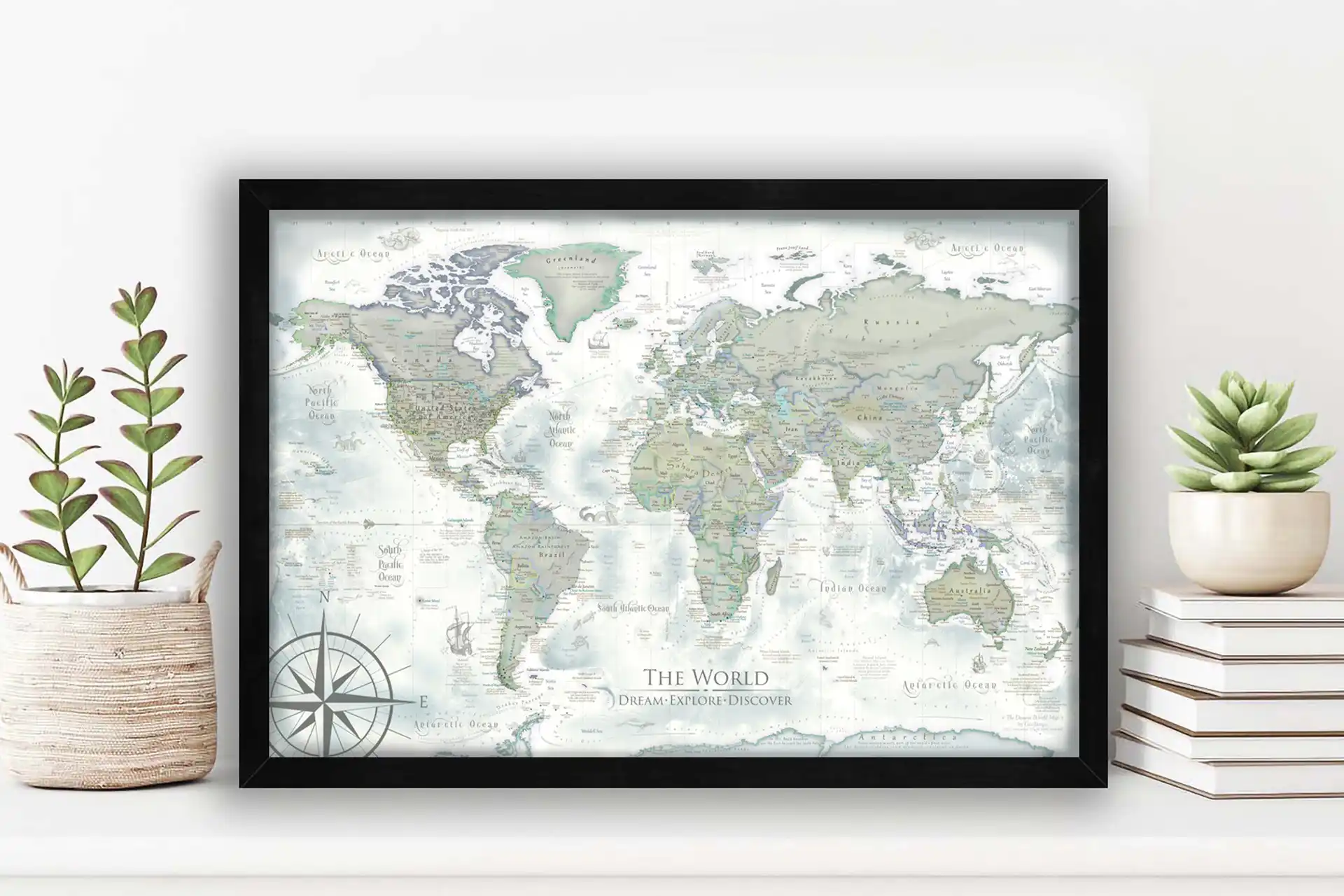 vintage world map in a black frame