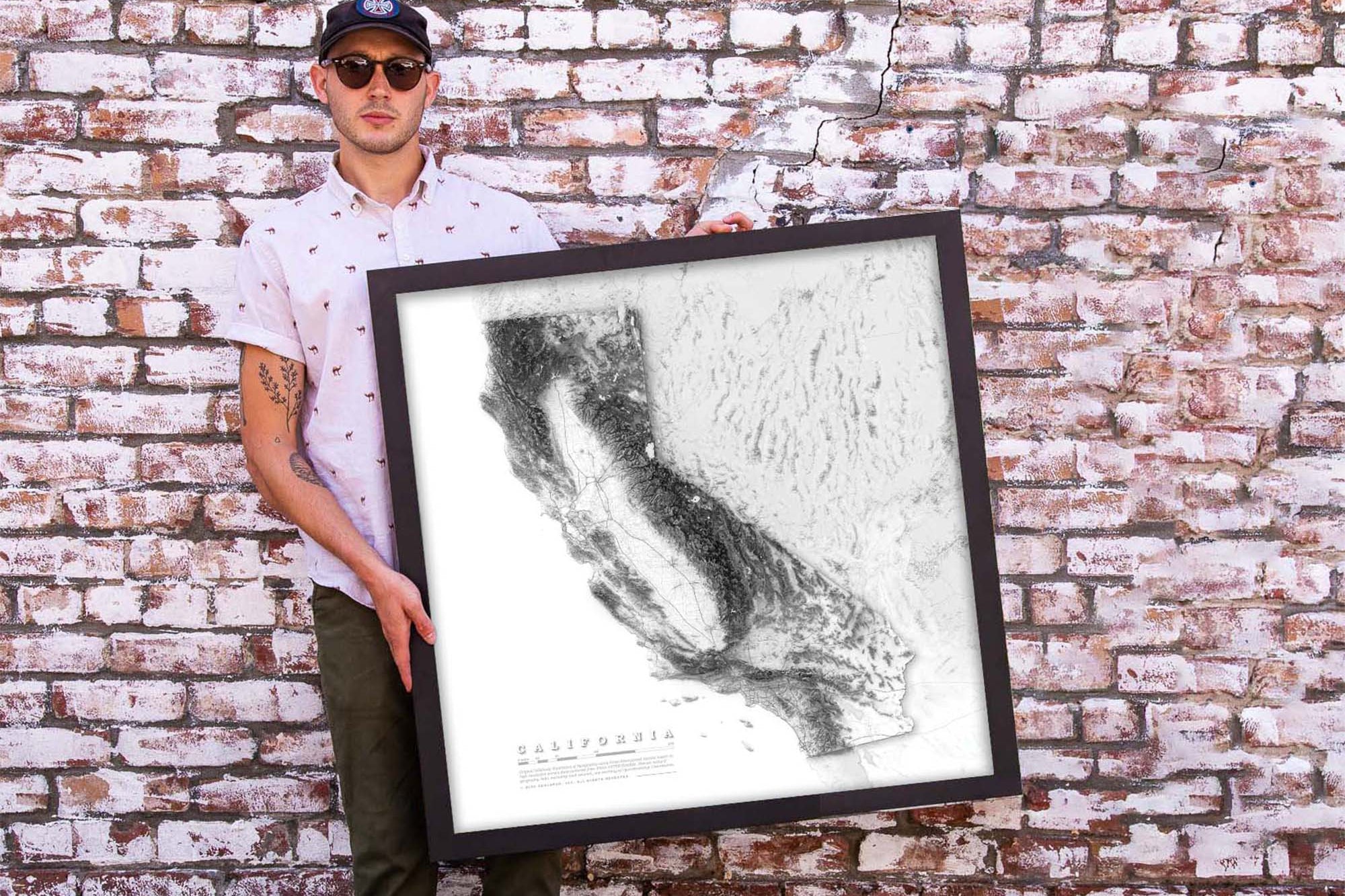black and white physical map of california