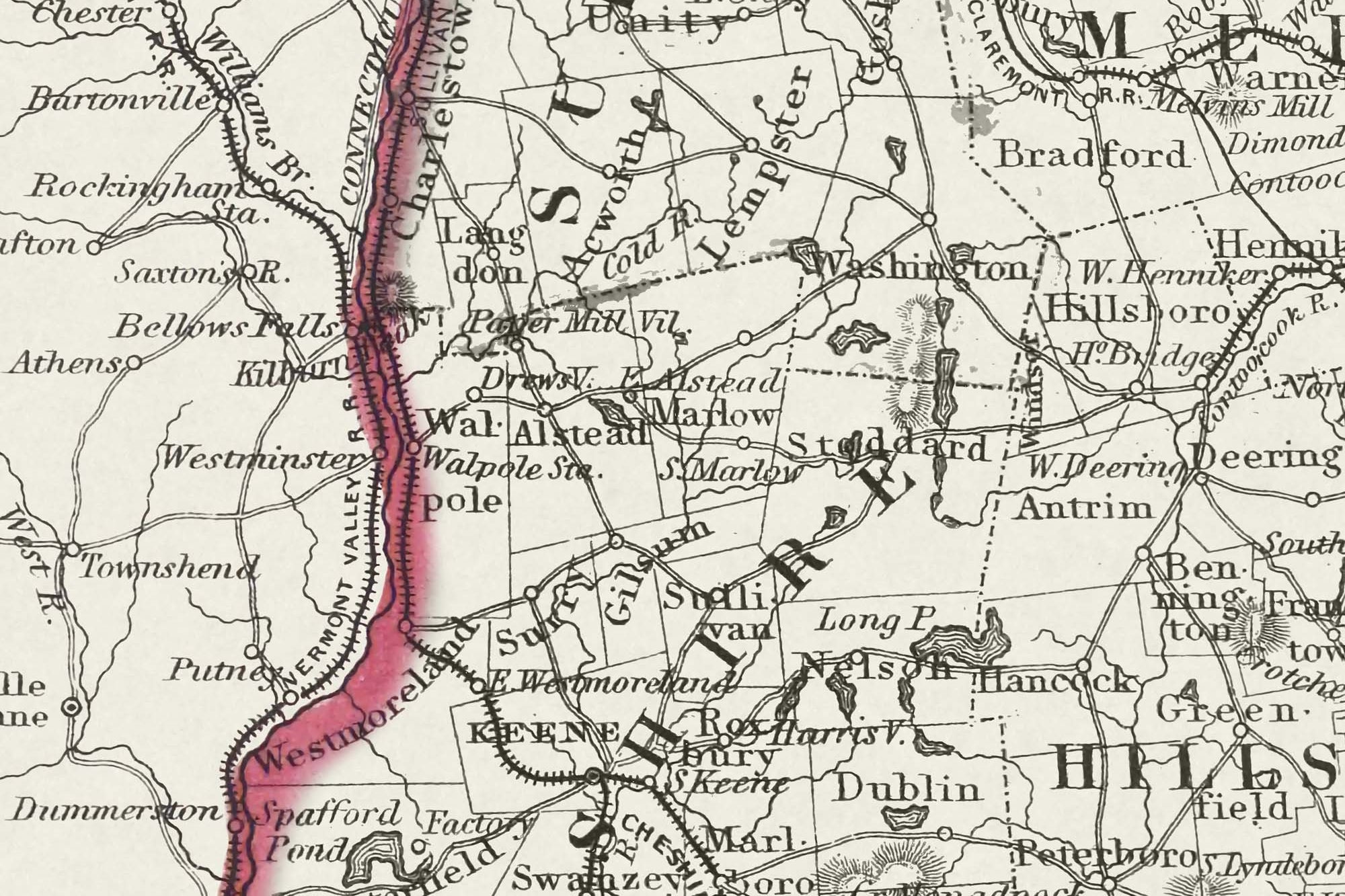 detailed vintage new hampshire map with towns