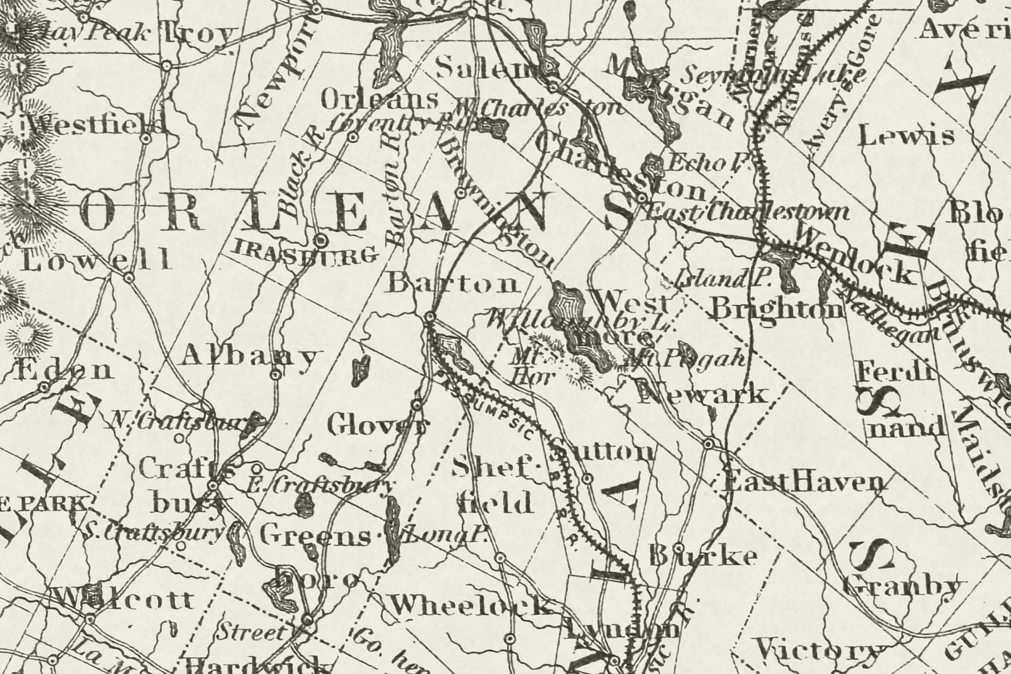 Historic vermont map with cities