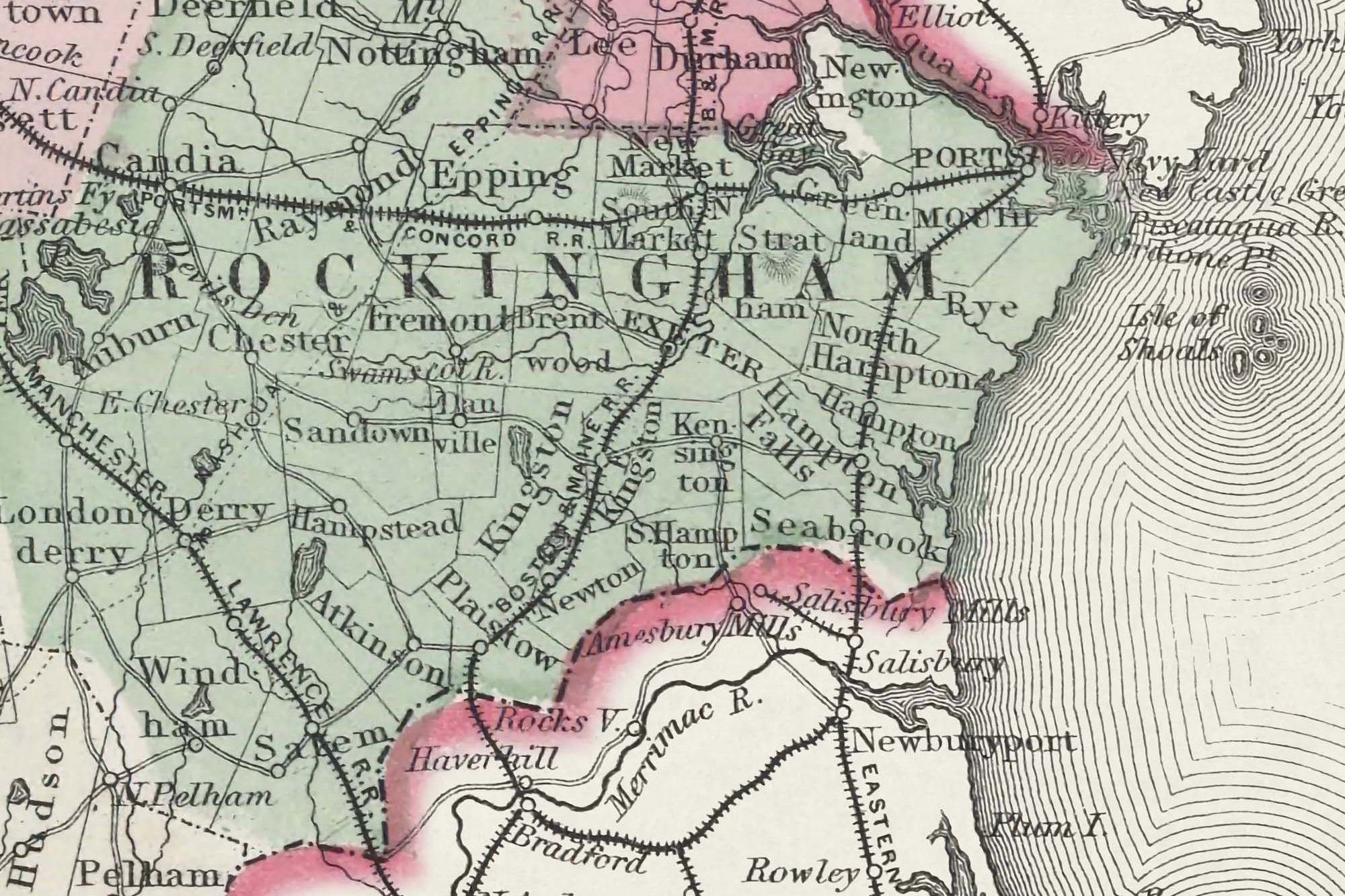 old New Hampshire map with roads