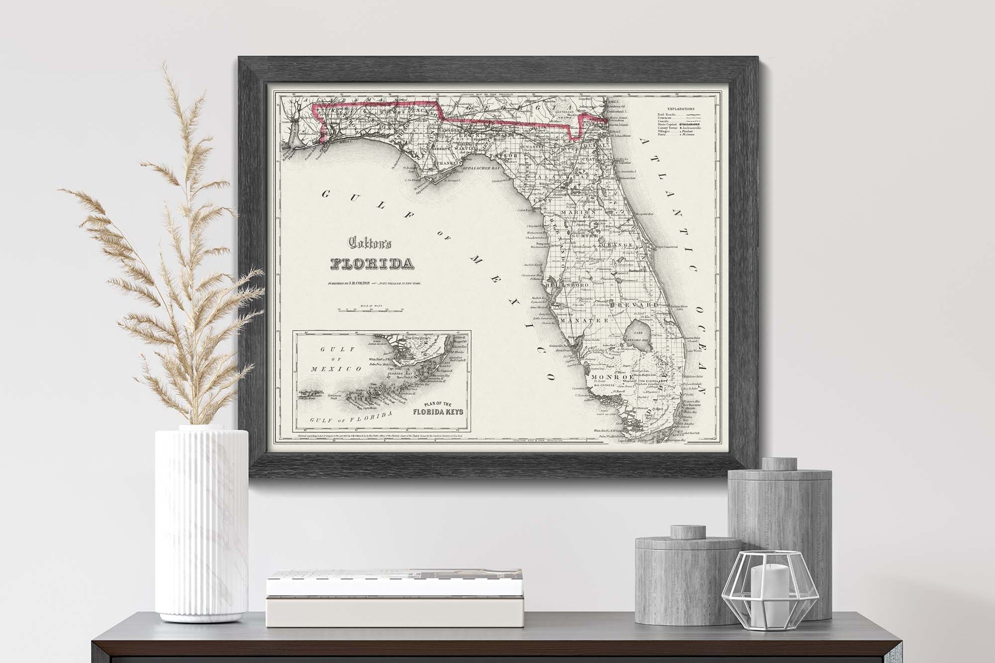 antique state map of florida with major cities