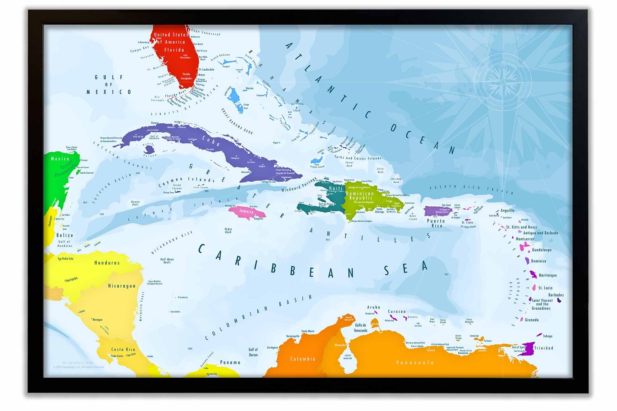 Colorful map of the Caribbean Islands