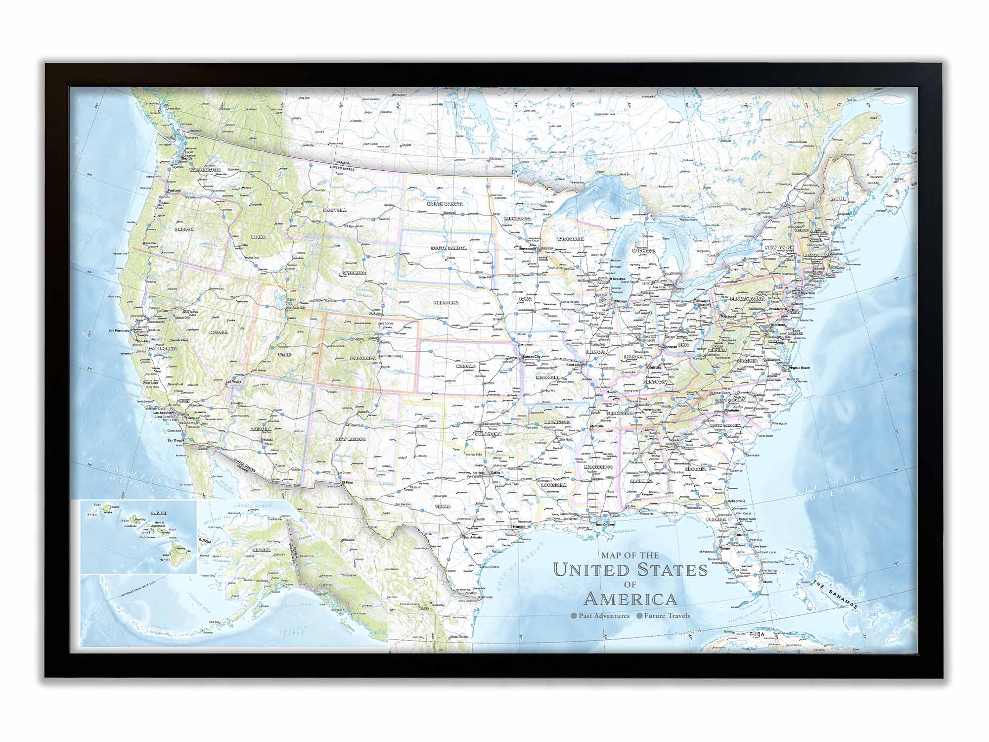 US Travel Map with Pins, labeled with states and detailed cities - track your usa travels!