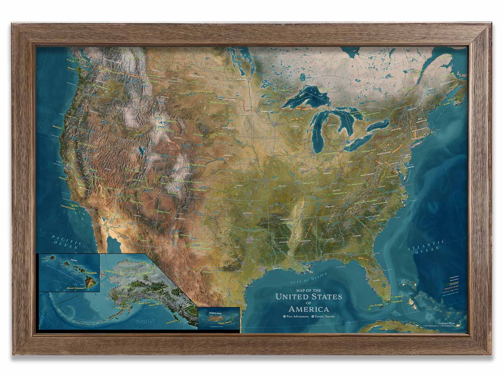 US elevation map featuring National Parks push pin map with states, mountains, rivers, and cities to explore.