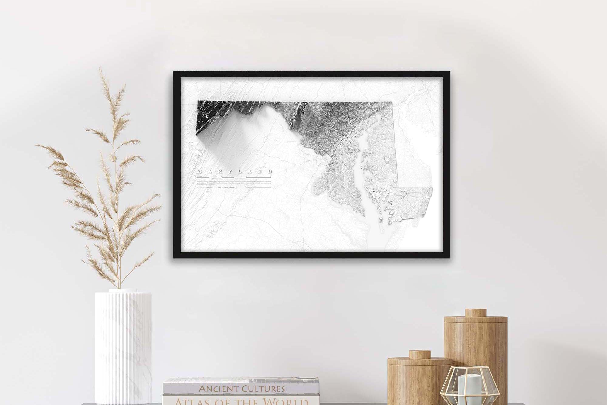 framed greyscale maryland elevation map