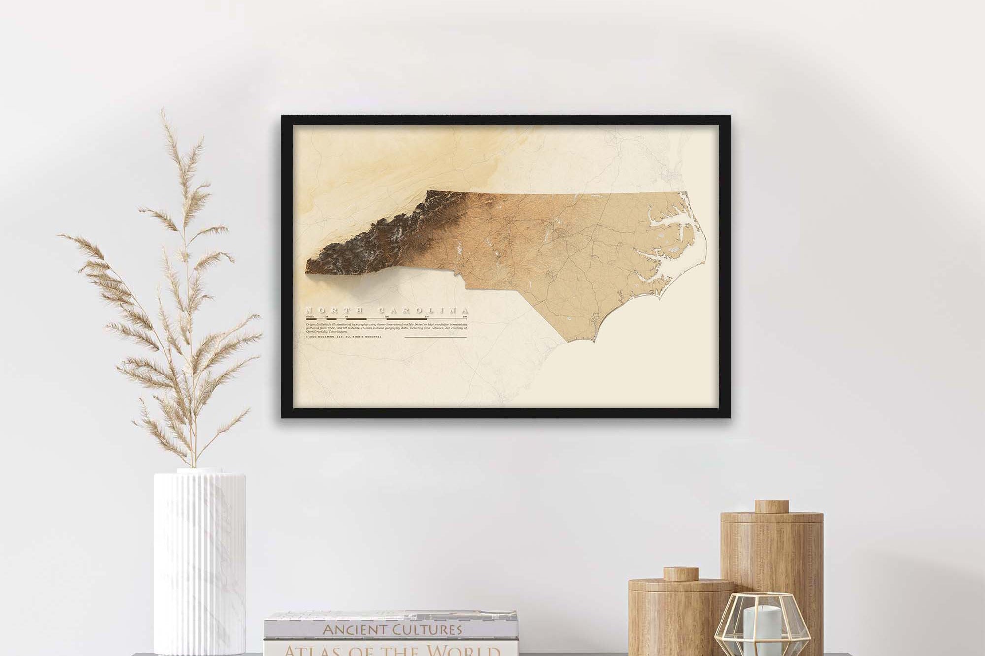framed north carolina topography wall art