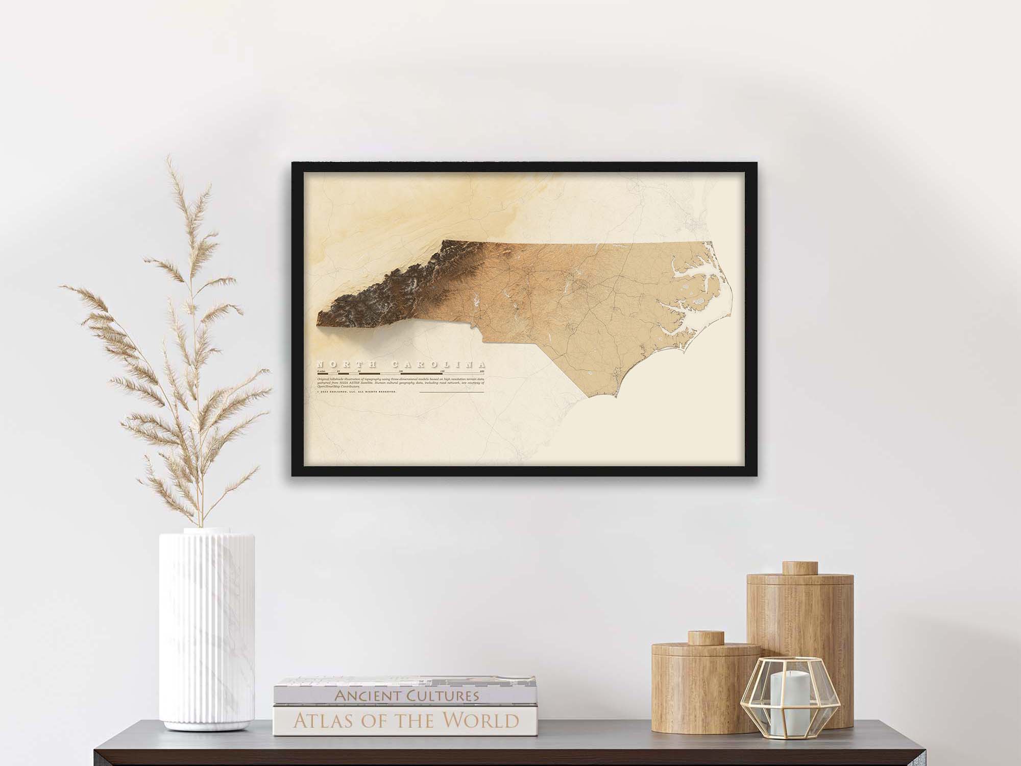 framed north carolina topography wall art