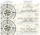 Personalization options for your custom gold world map. Compass, titles, and legends with family or business names