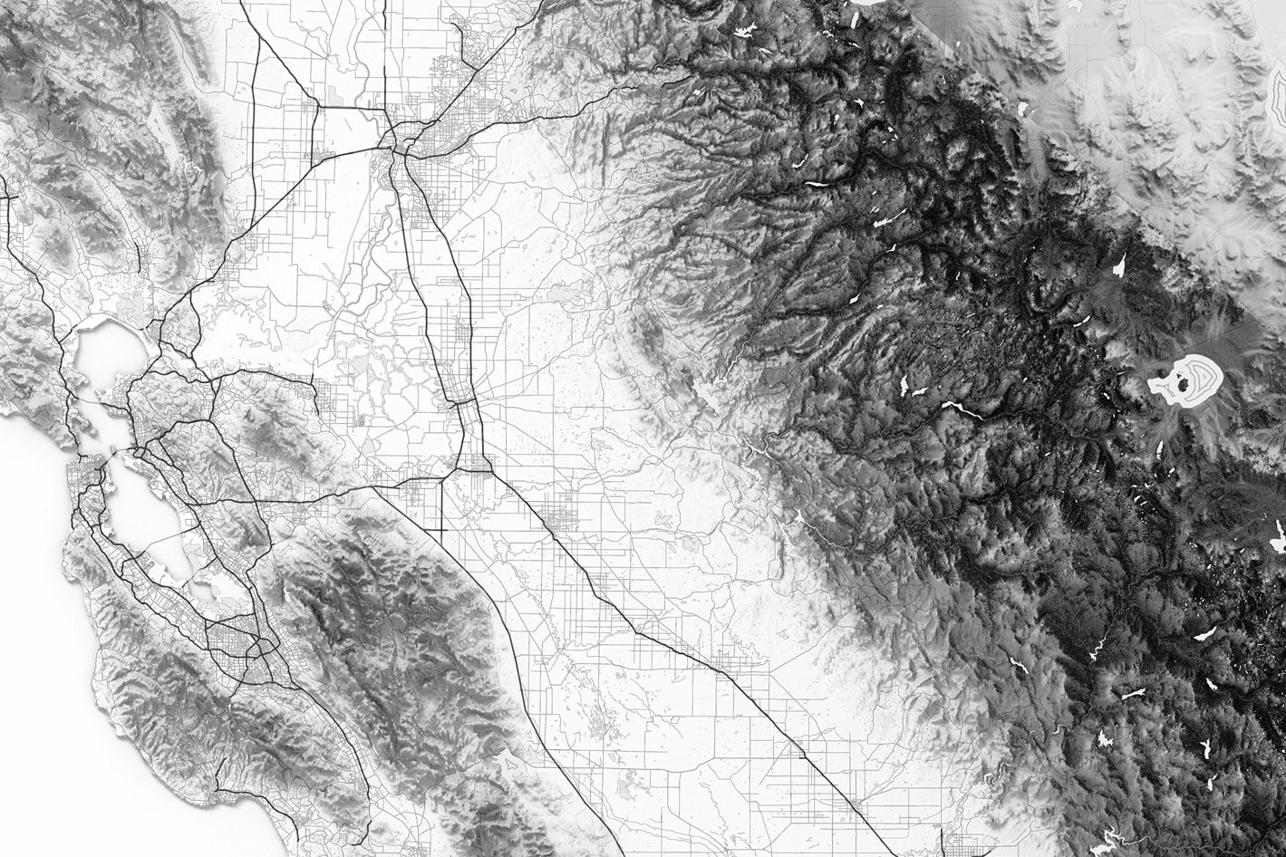 Detailed topographic relief and roads of california's central valley