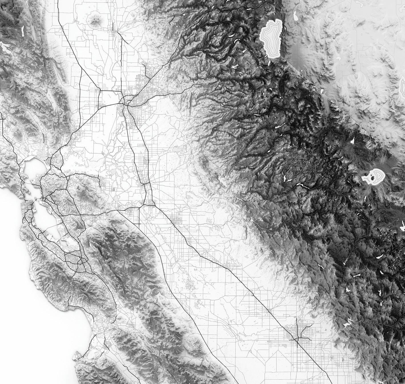 Detailed topographic relief and roads of california's central valley