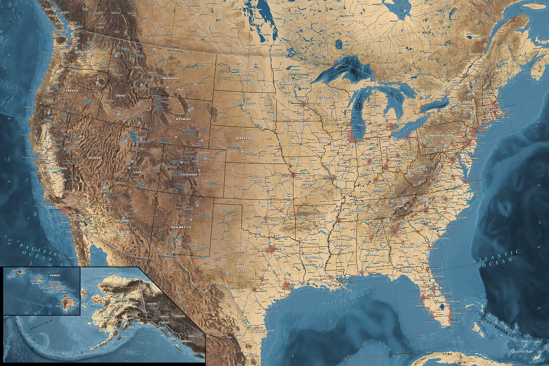 US Push Pin Travel Map in Navy Gold