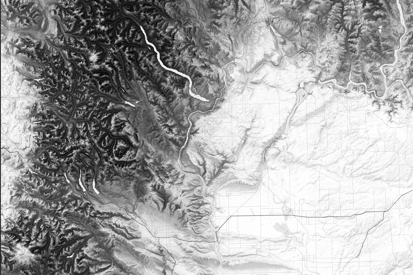 Detailed shaded relief of Washington mountain ranges, rivers, and valleys
