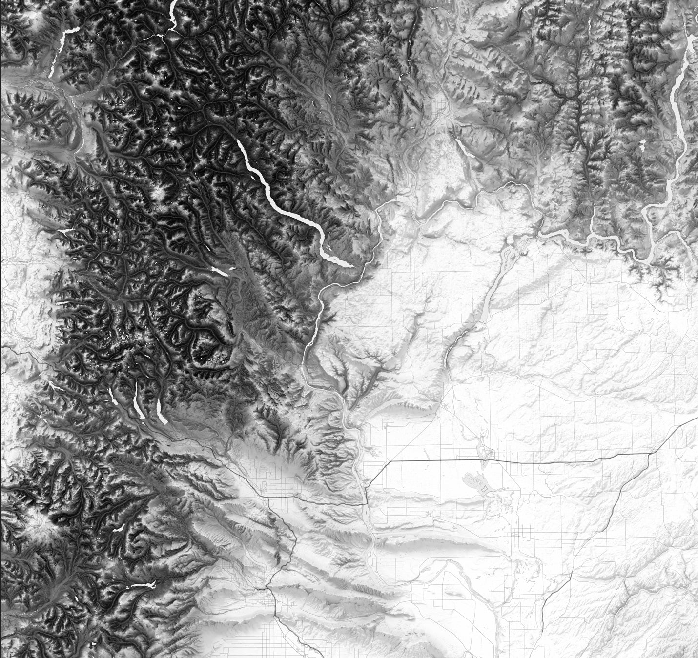 Detailed shaded relief of Washington mountain ranges, rivers, and valleys