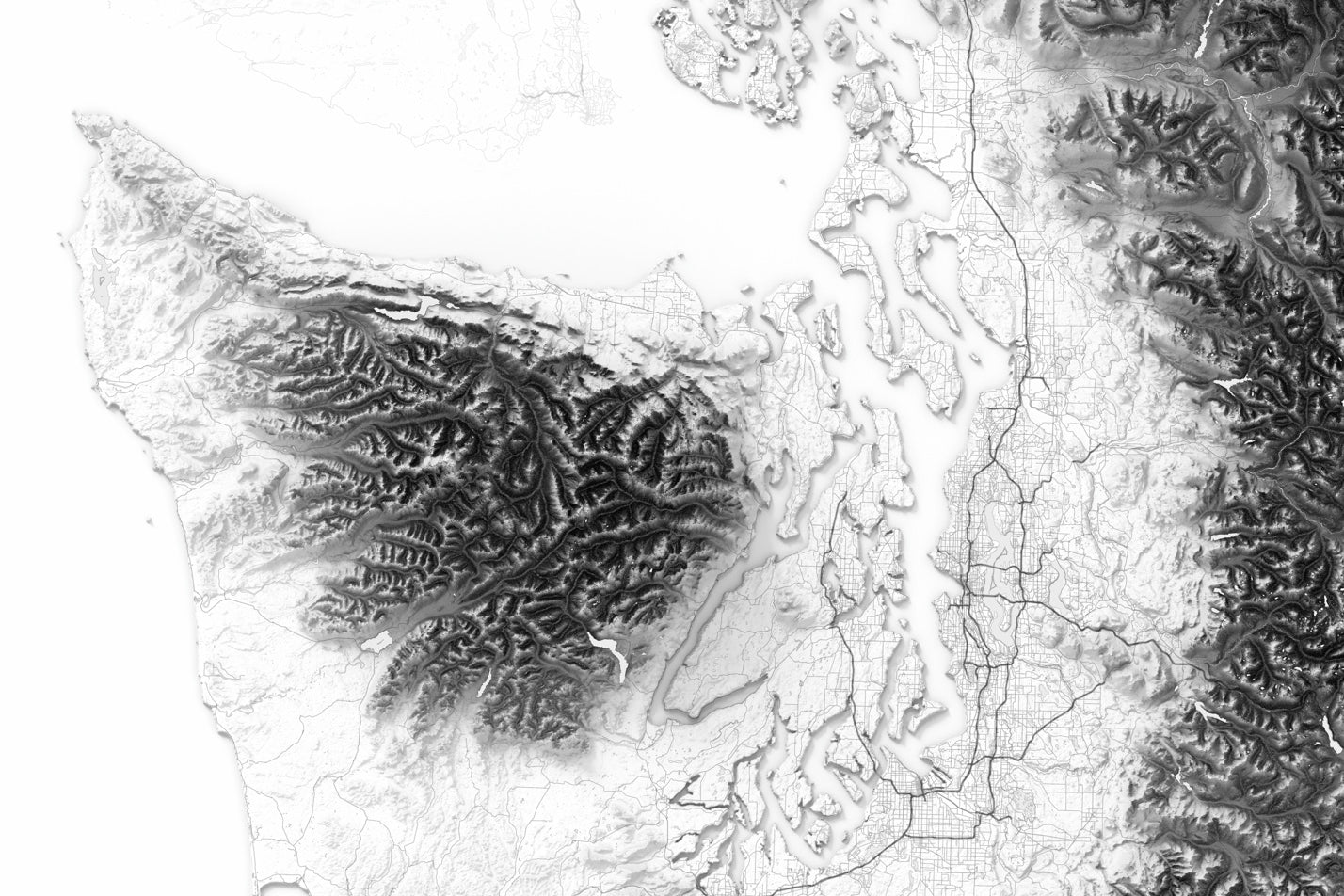 Shaded relief of Olympic national park and mountain ranges surrounding Seattle.