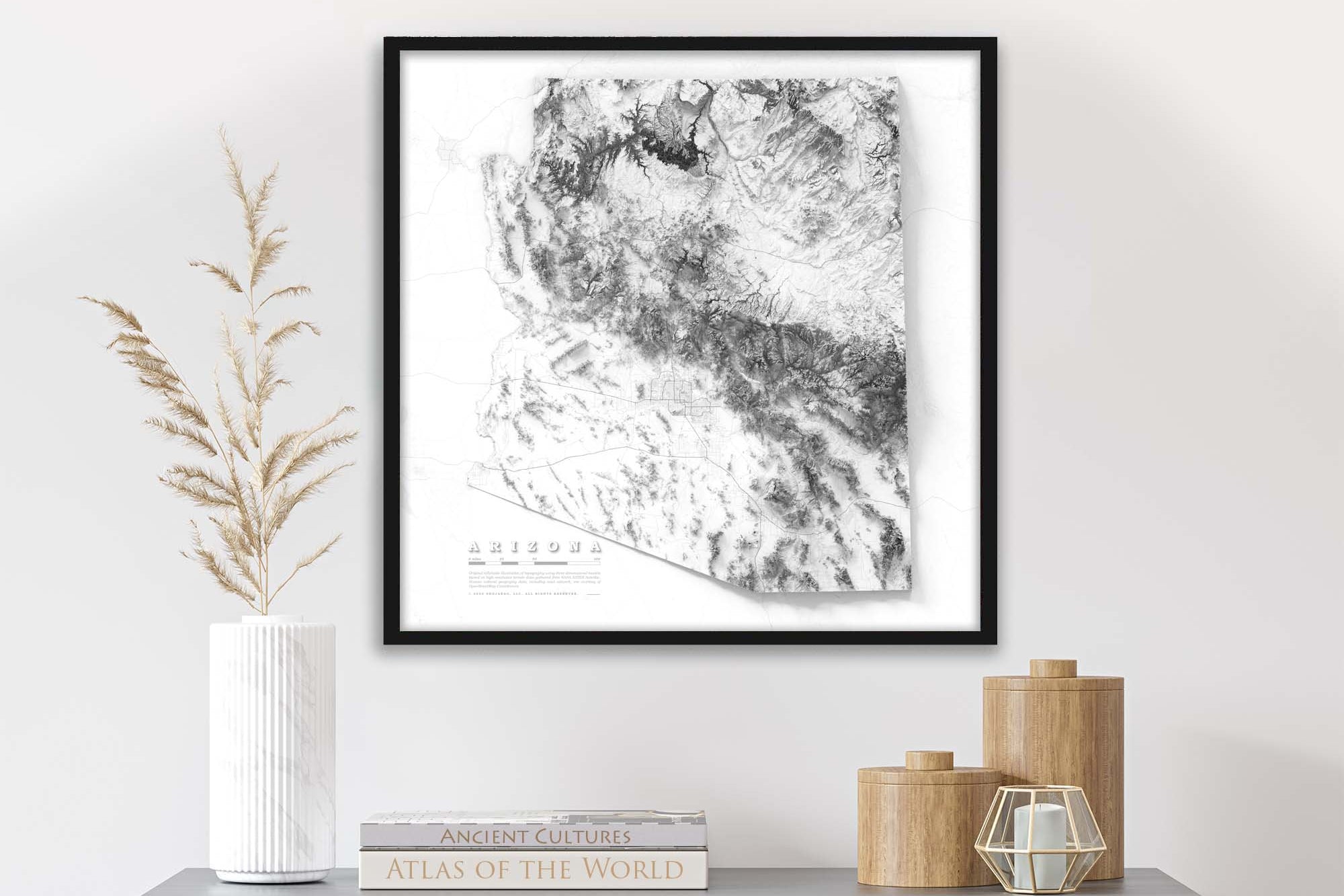 framed elevation map of Arizona with cities