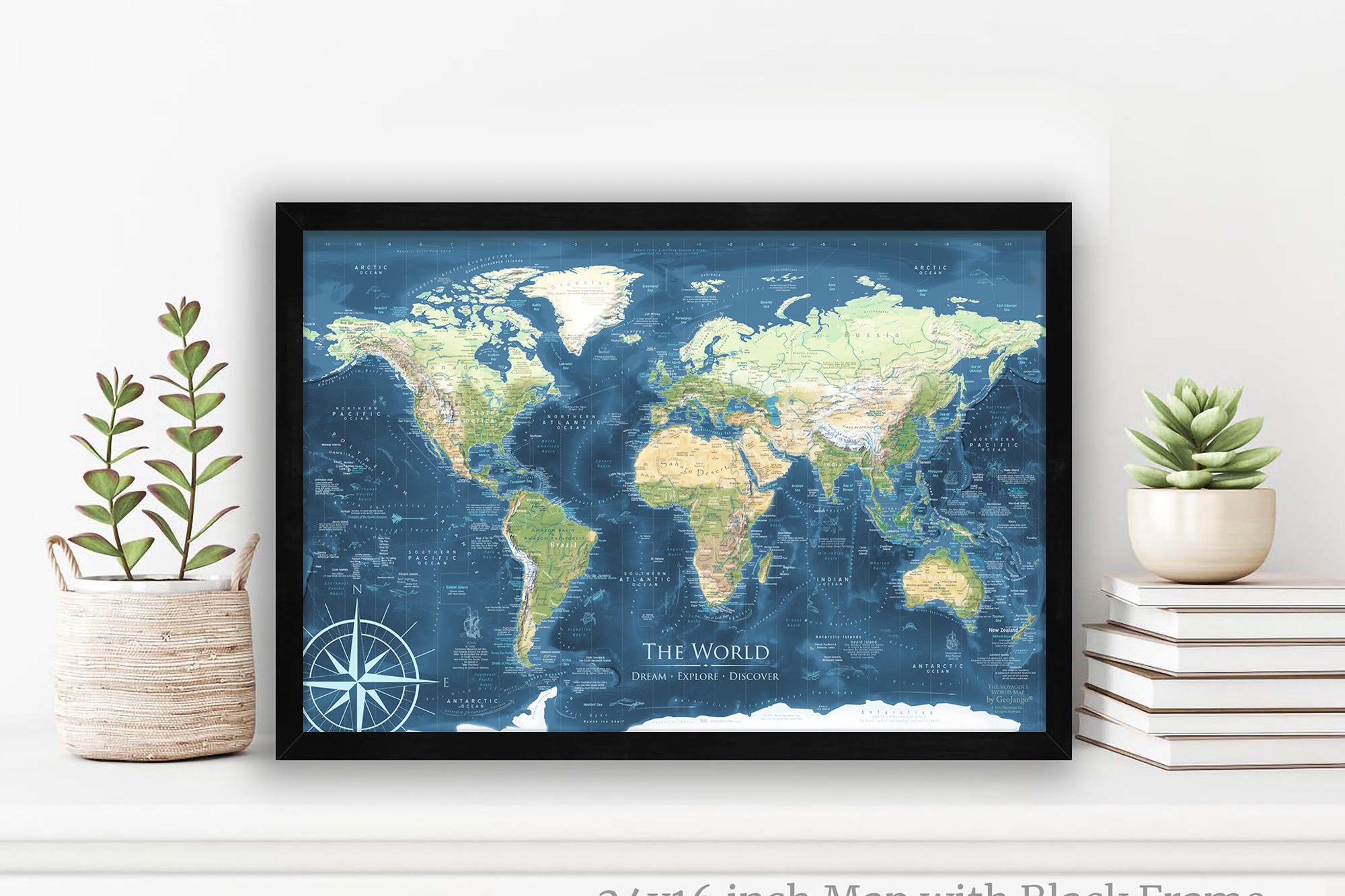 small world pushpin map with blue oceans