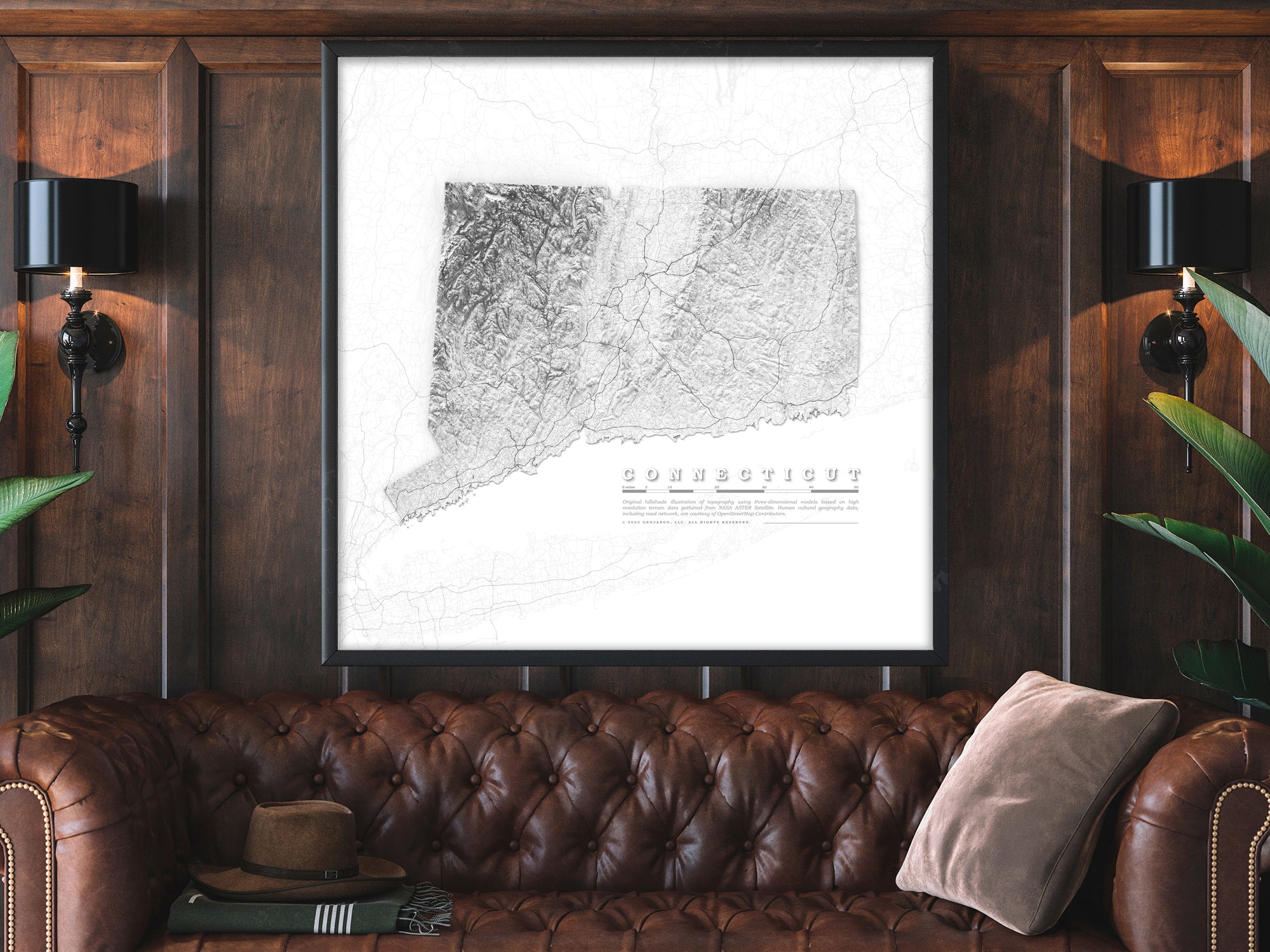 Large framed map of Connecticut topography