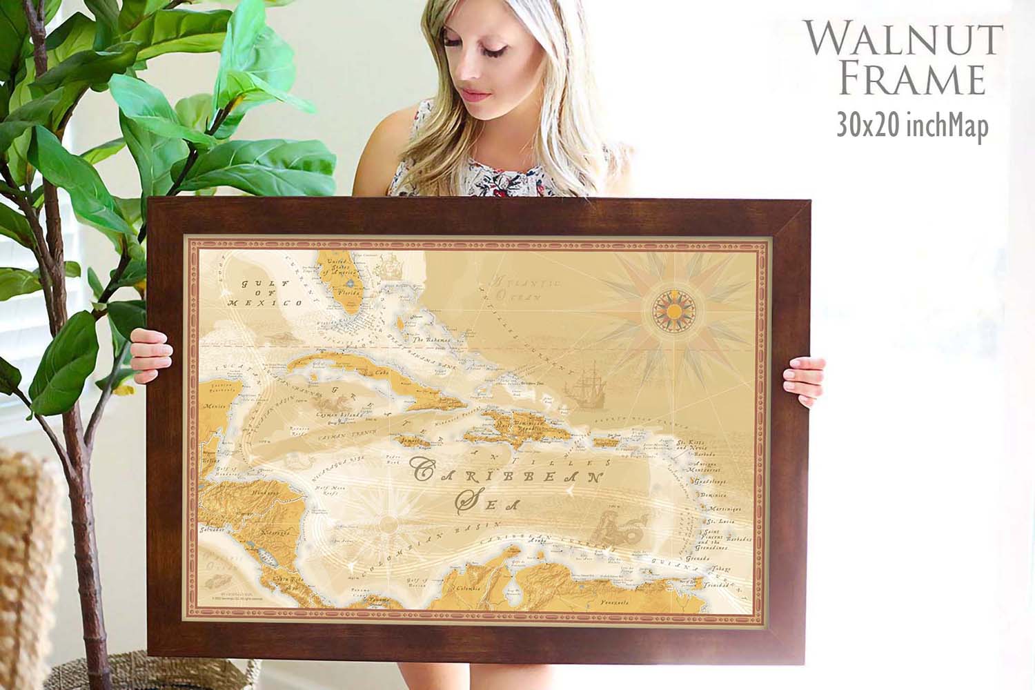 Antique Caribbean Islands Map with walnut frame