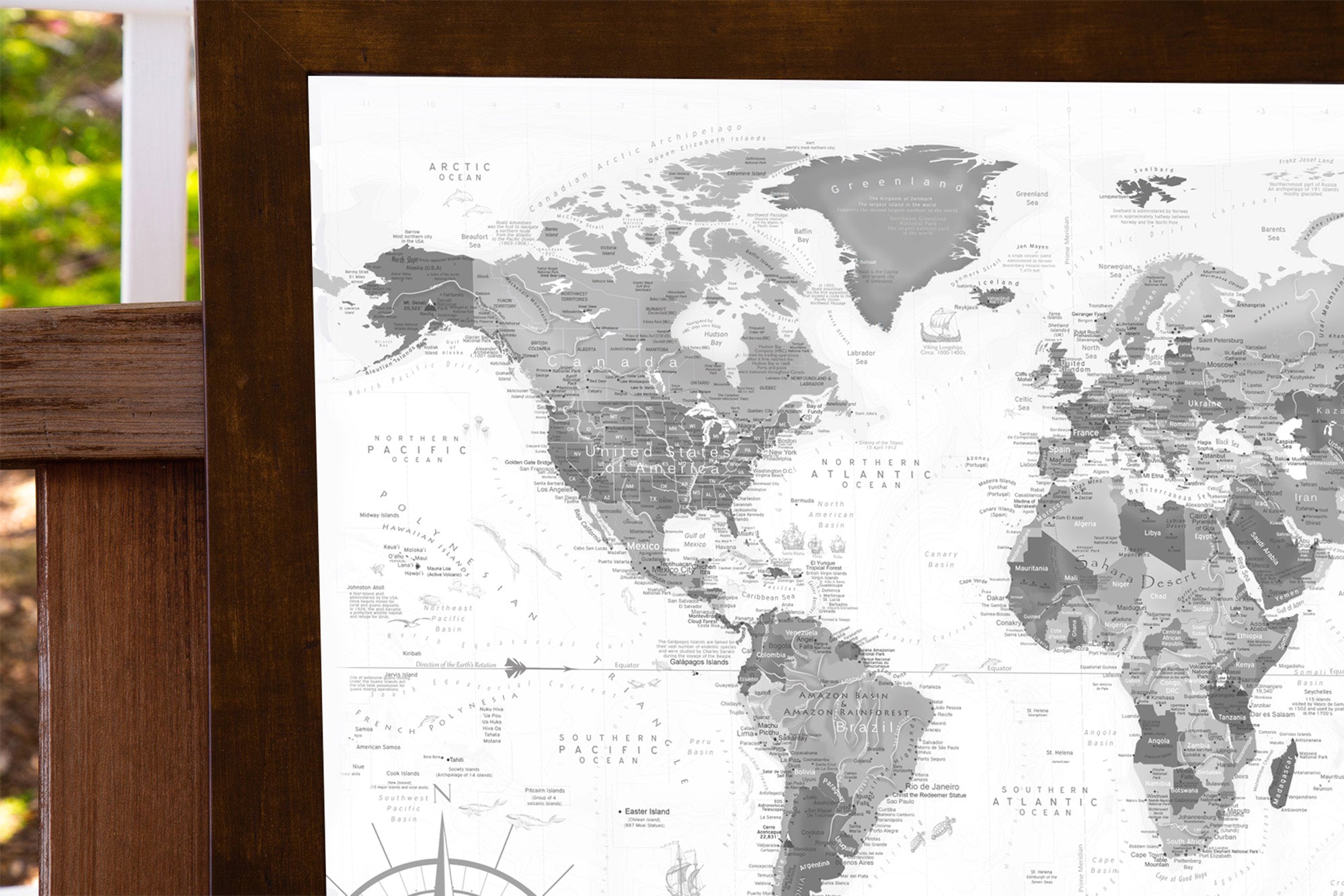 detail of north america framed push pin world map
