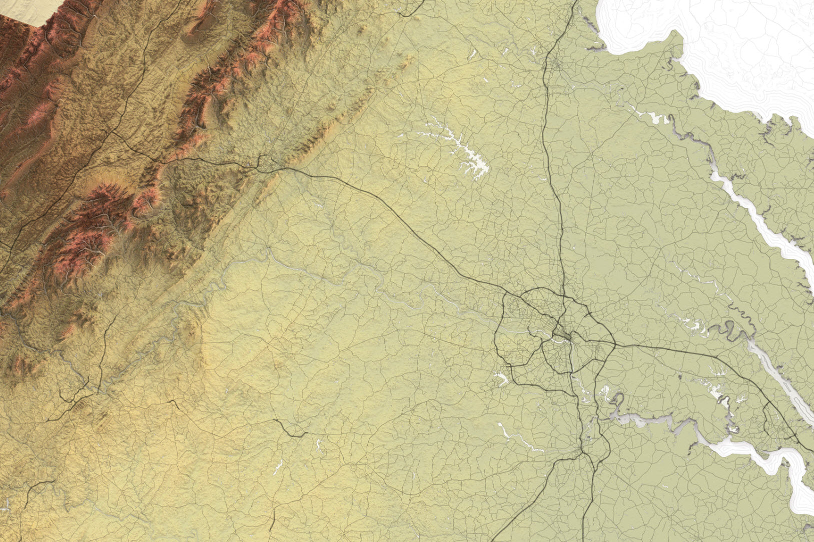 Detailed virginia topography map with roads