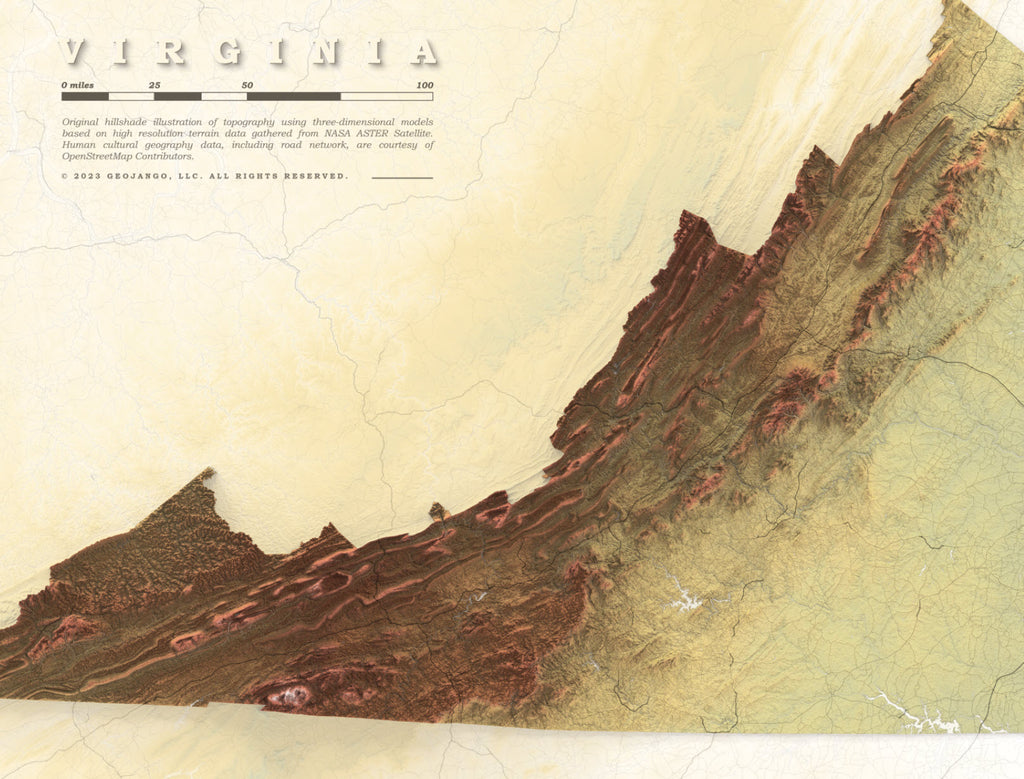 detailed virginia map with mountains