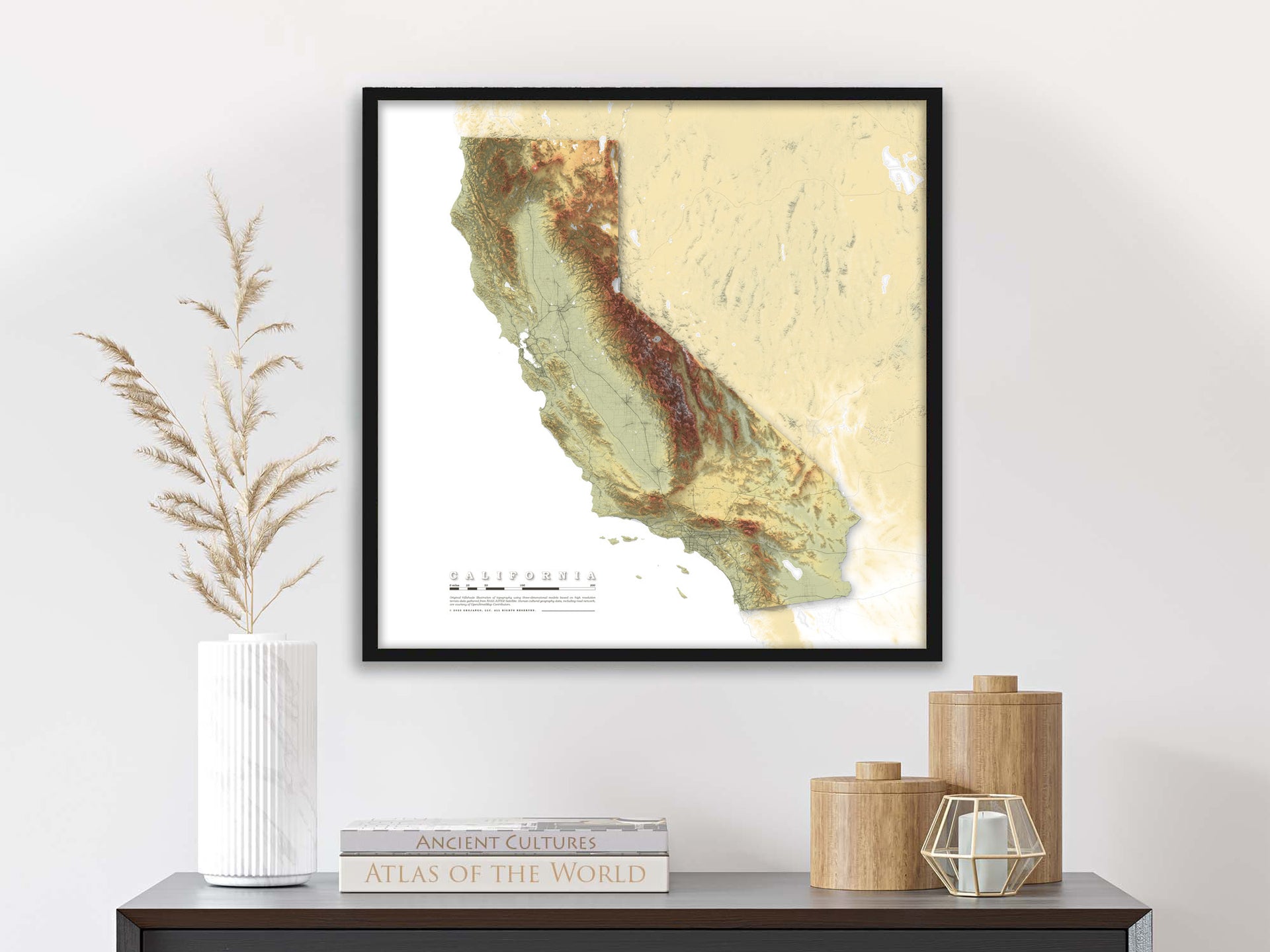 California Elevation Map with Shaded Relief, 24x24 inches – GeoJango Maps