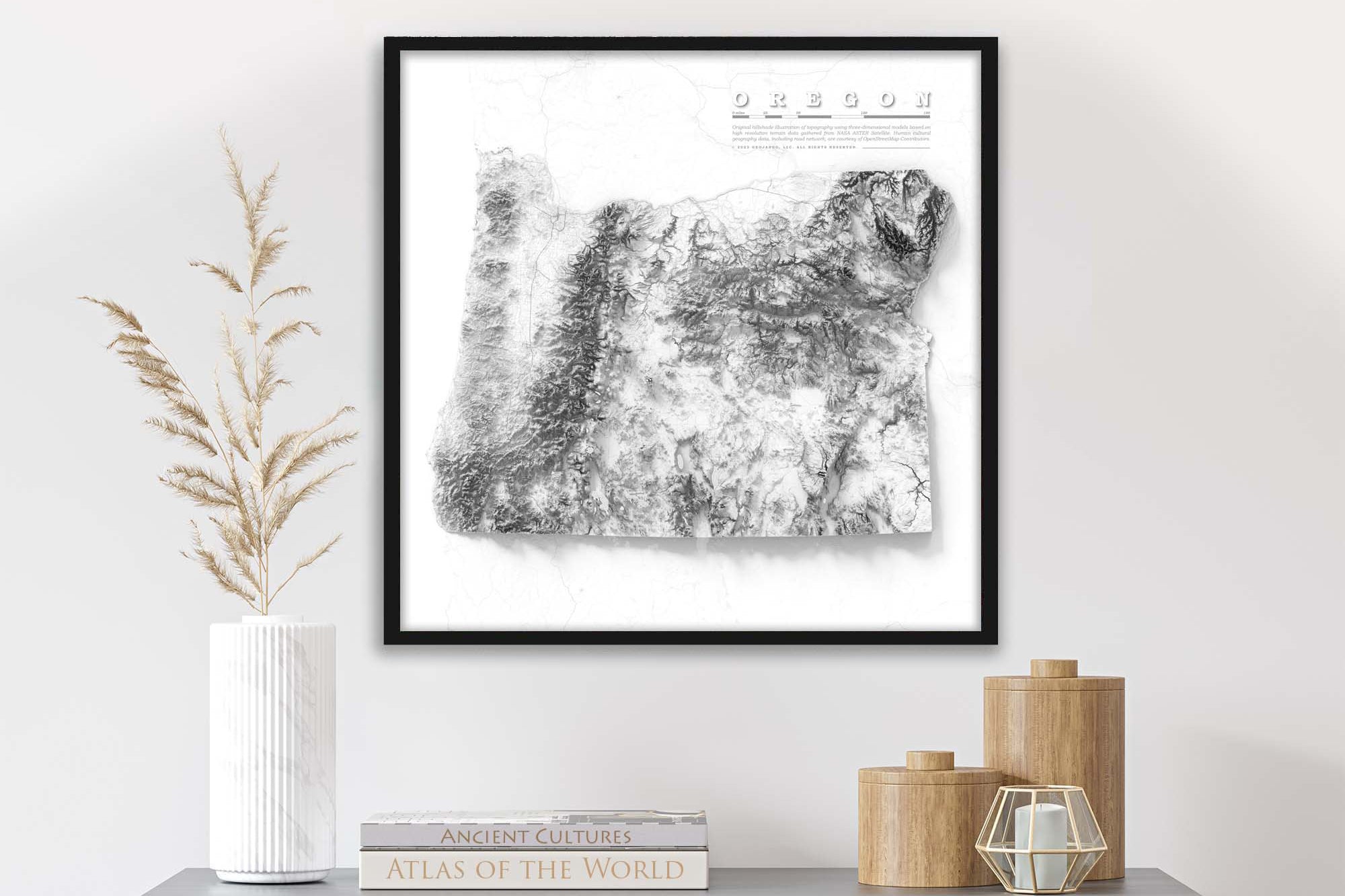 framed topographical map of the state of oregon