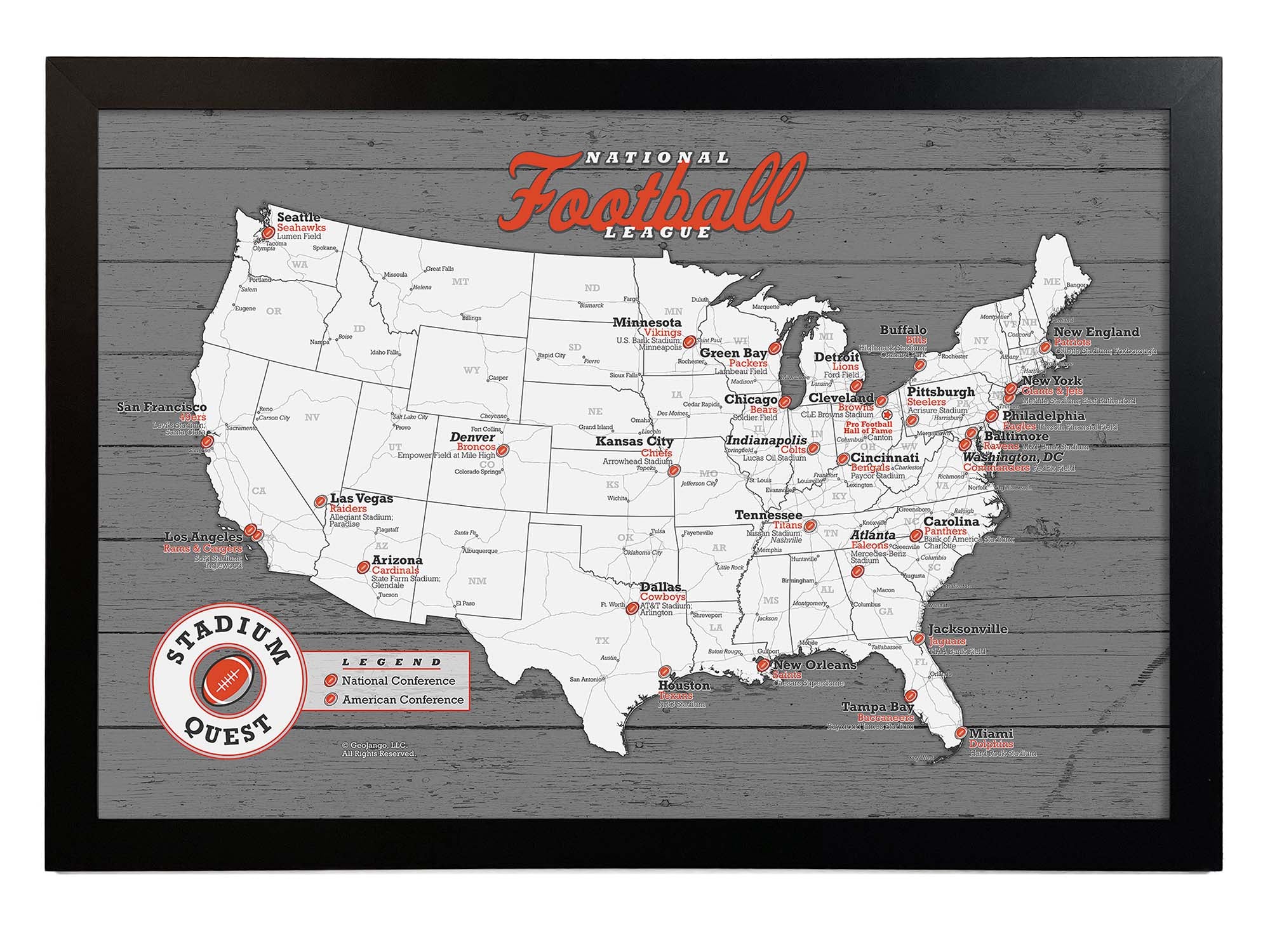 NFL Teams Wall Map Gray Edition GeoJango Maps