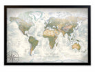 framed world map with pins