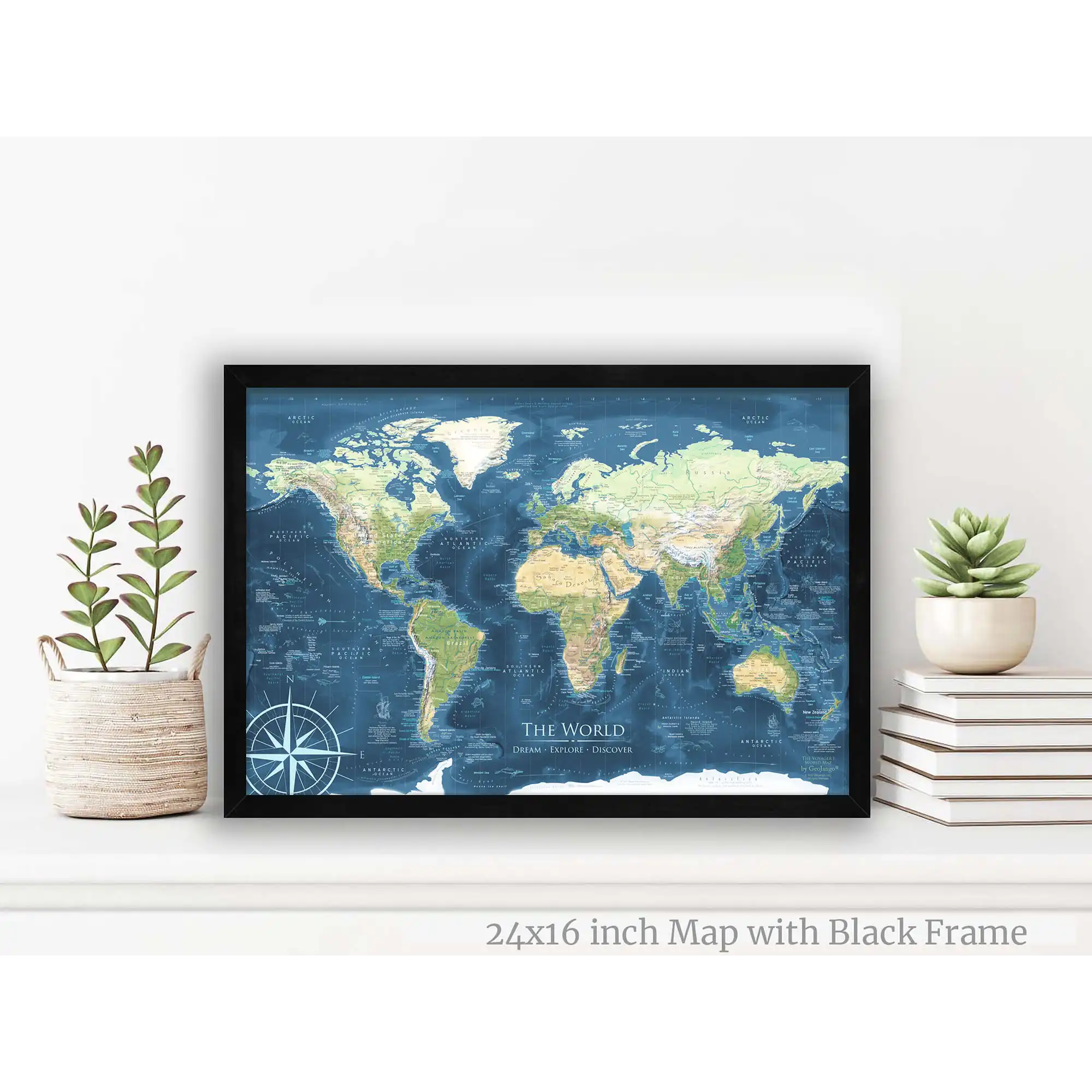 small world pushpin map with blue oceans