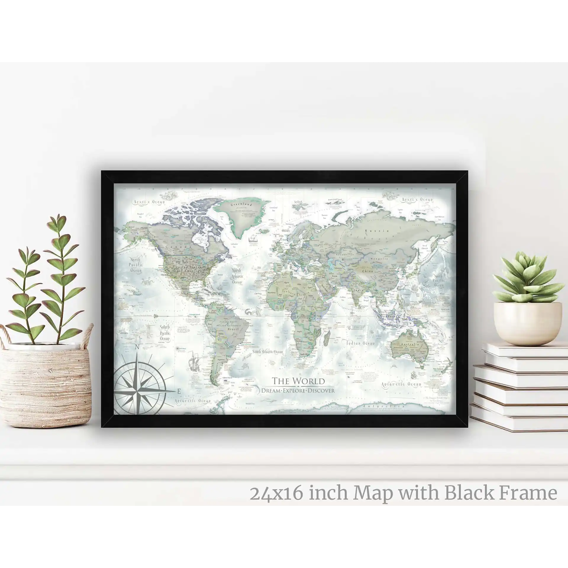 vintage world map in a black frame