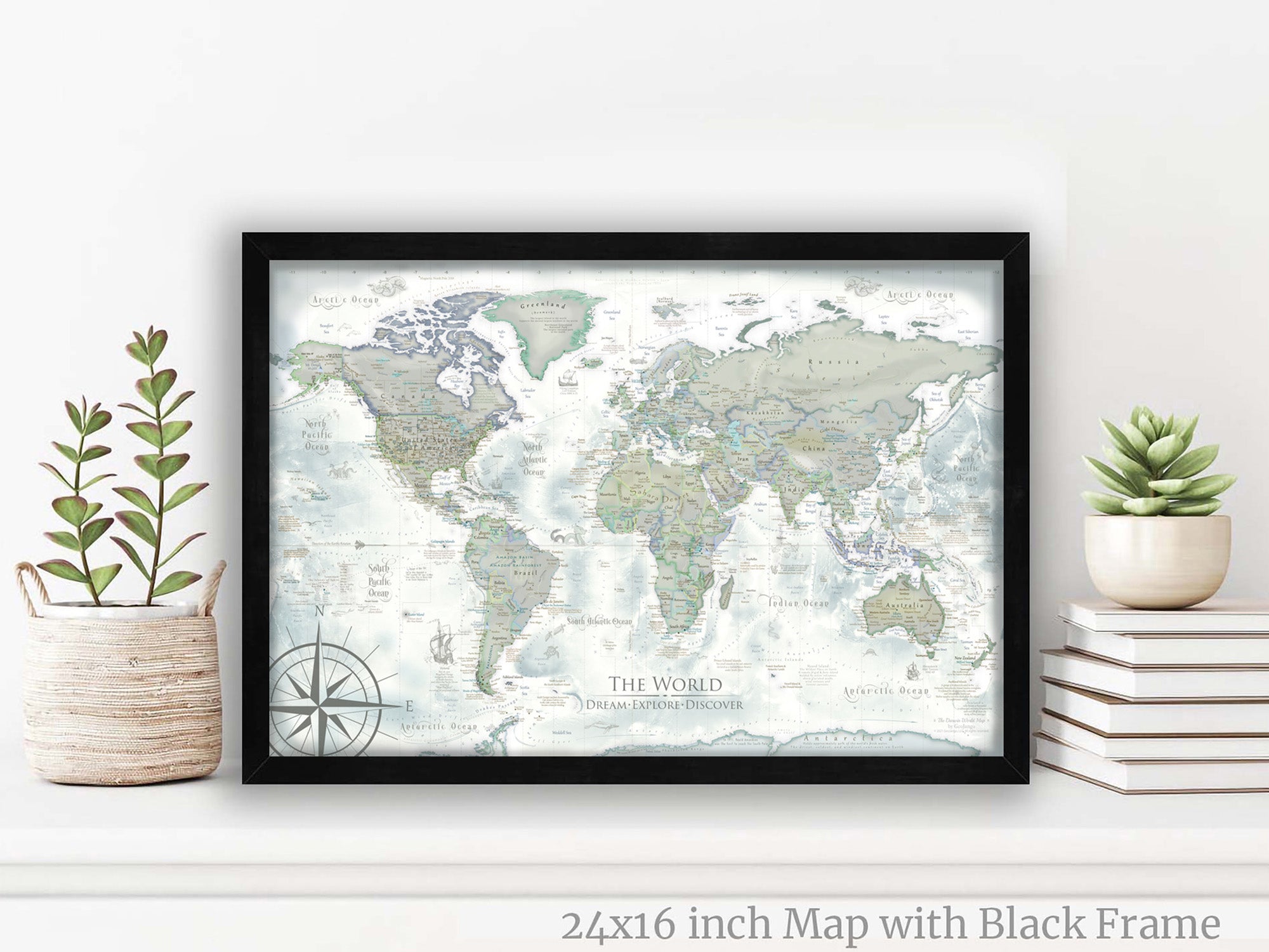 vintage world map in a black frame