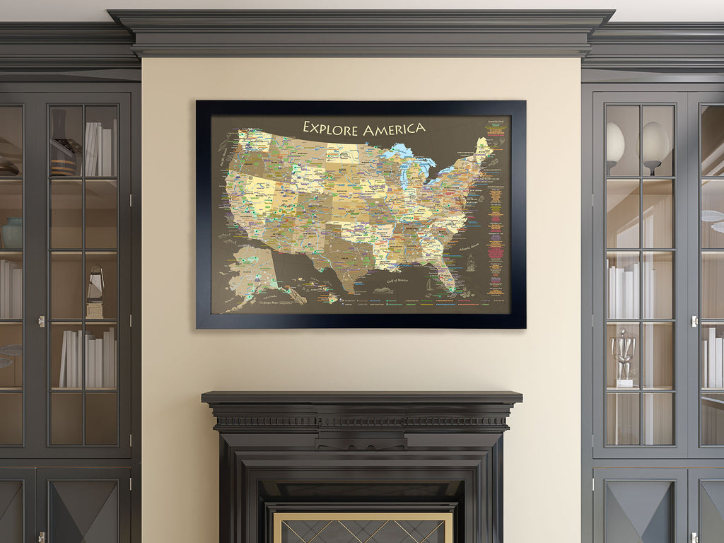 national parks map with pins above a fireplace