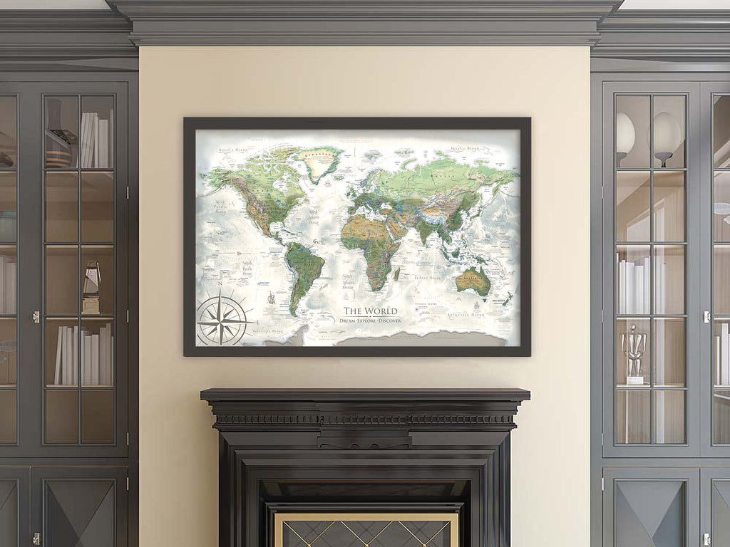 Large framed push pin map of the world above a fireplace