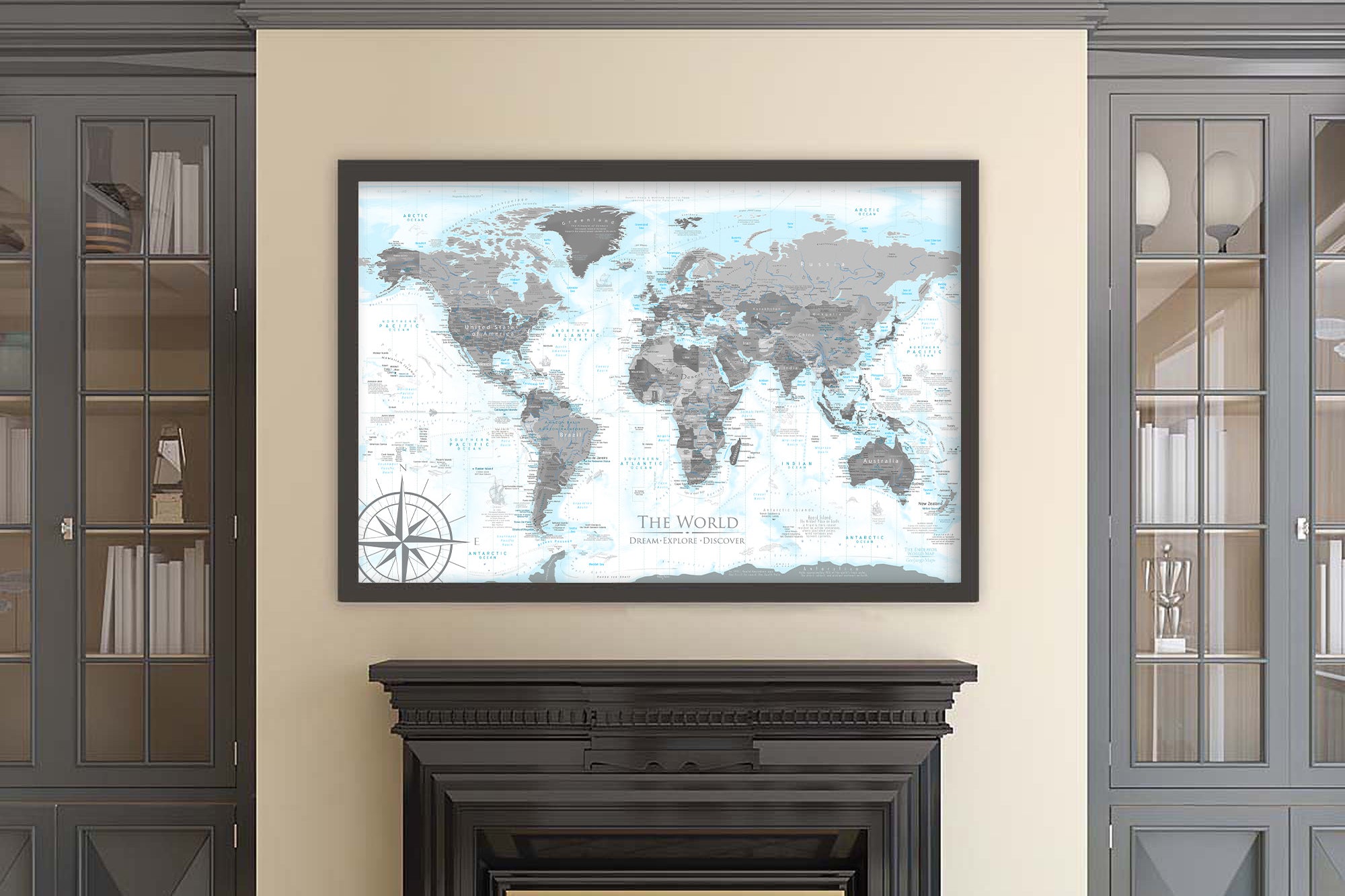 Gray pinnable map in a family room