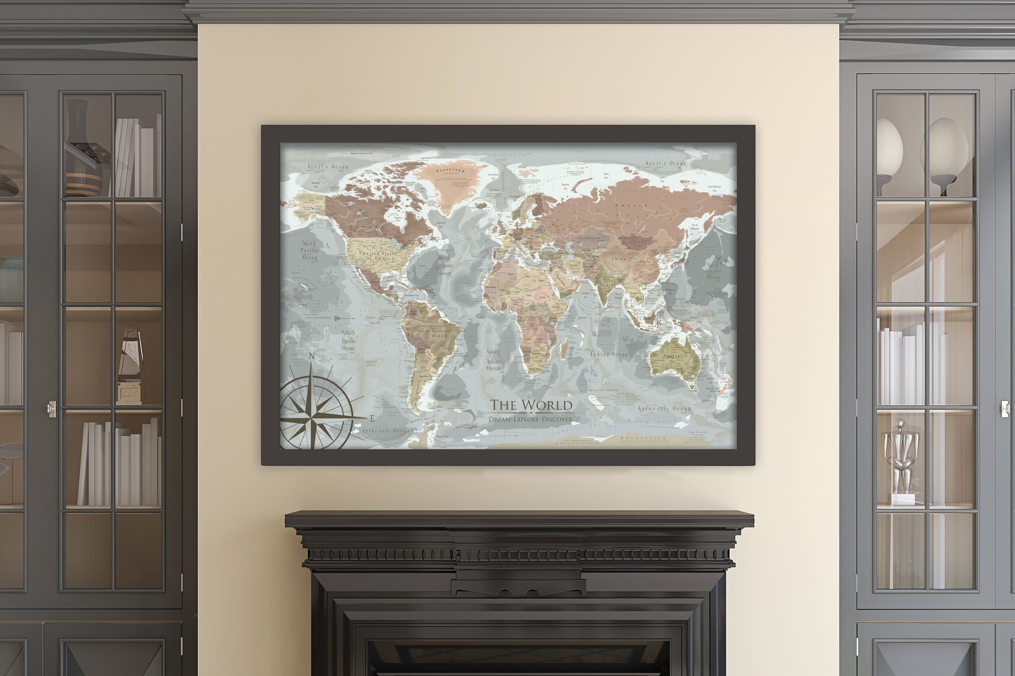 world map for wall black frame